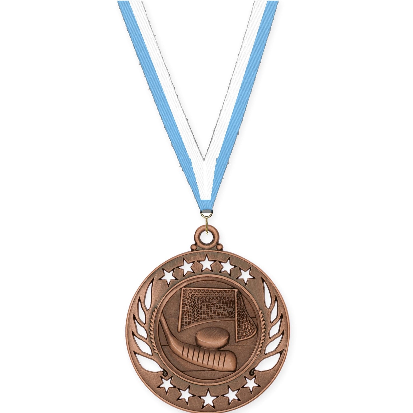 2 1/4 inch hockey Galaxy medal in antique bronze with Light Blue White neck ribbon