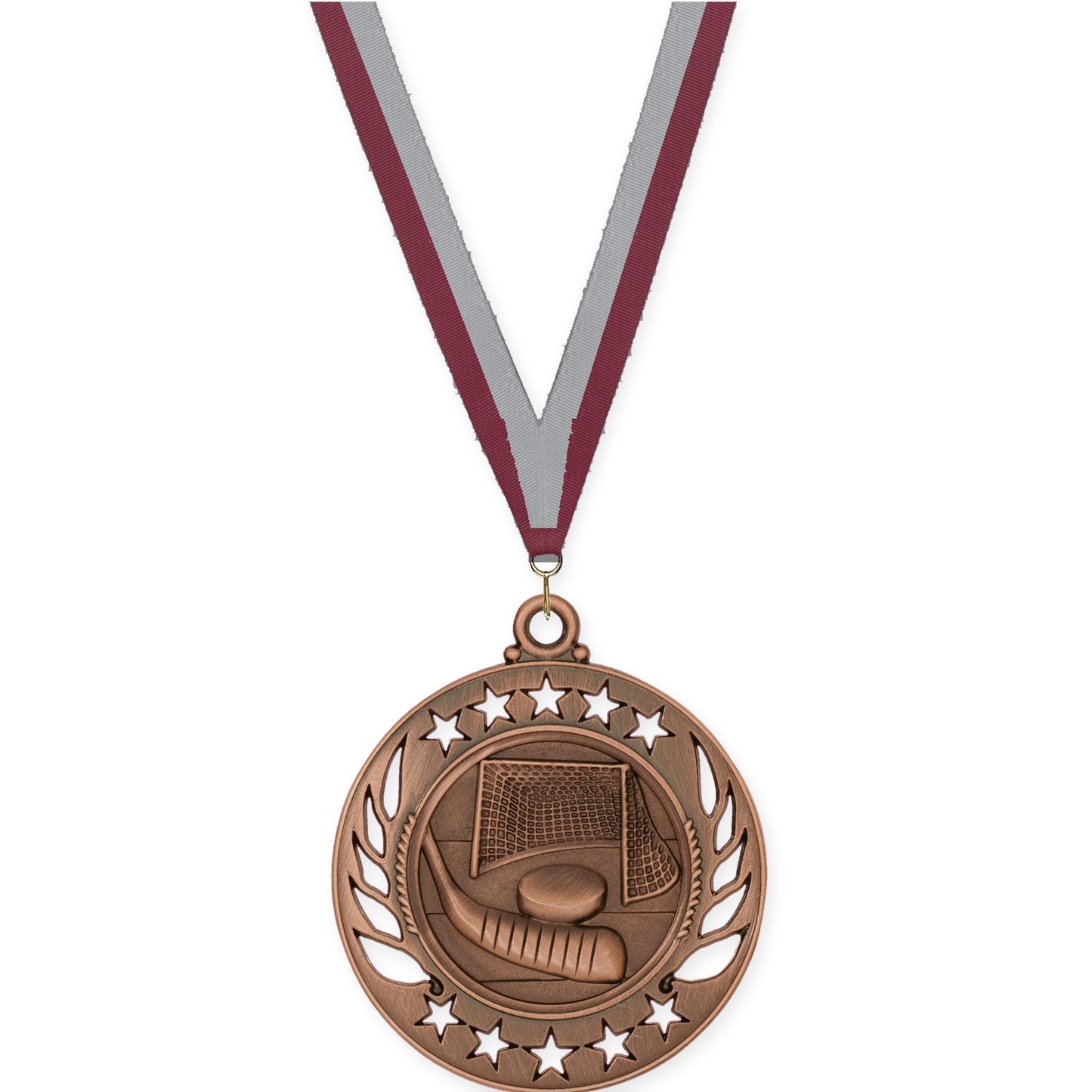 2 1/4 inch hockey Galaxy medal in antique bronze with Maroon Gray neck ribbon