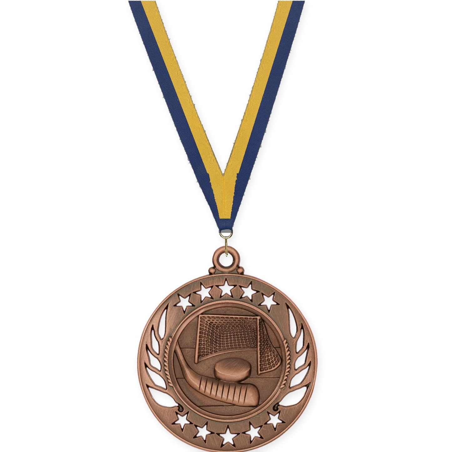 2 1/4 inch hockey Galaxy medal in antique bronze with Navy Gold neck ribbon