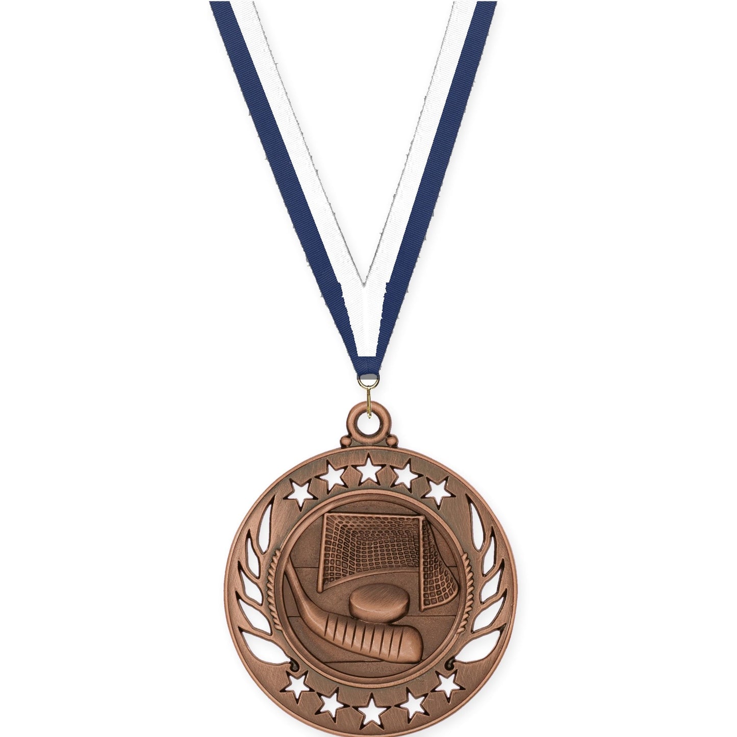 2 1/4 inch hockey Galaxy medal in antique bronze with Navy White neck ribbon