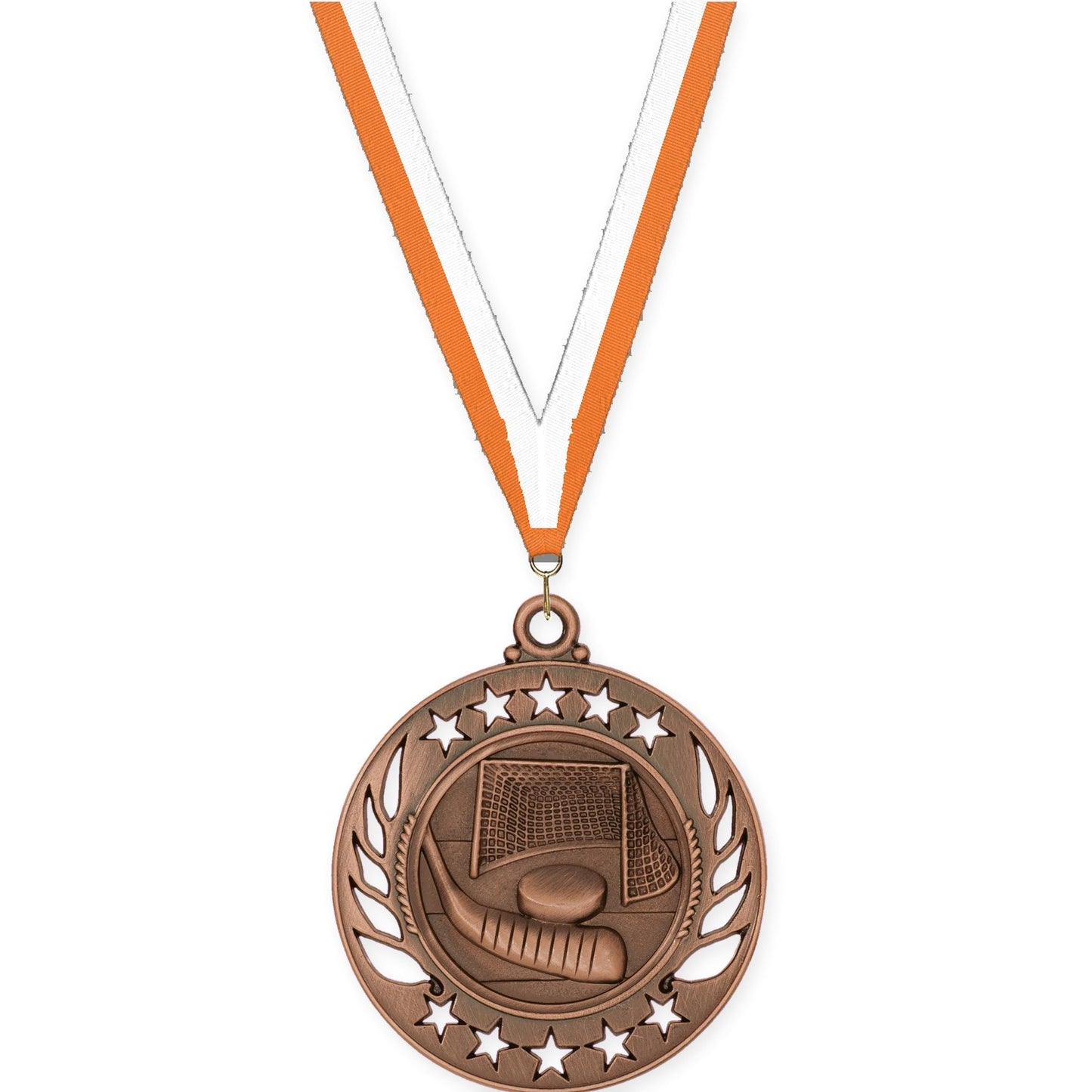 2 1/4 inch hockey Galaxy medal in antique bronze with Orange White neck ribbon