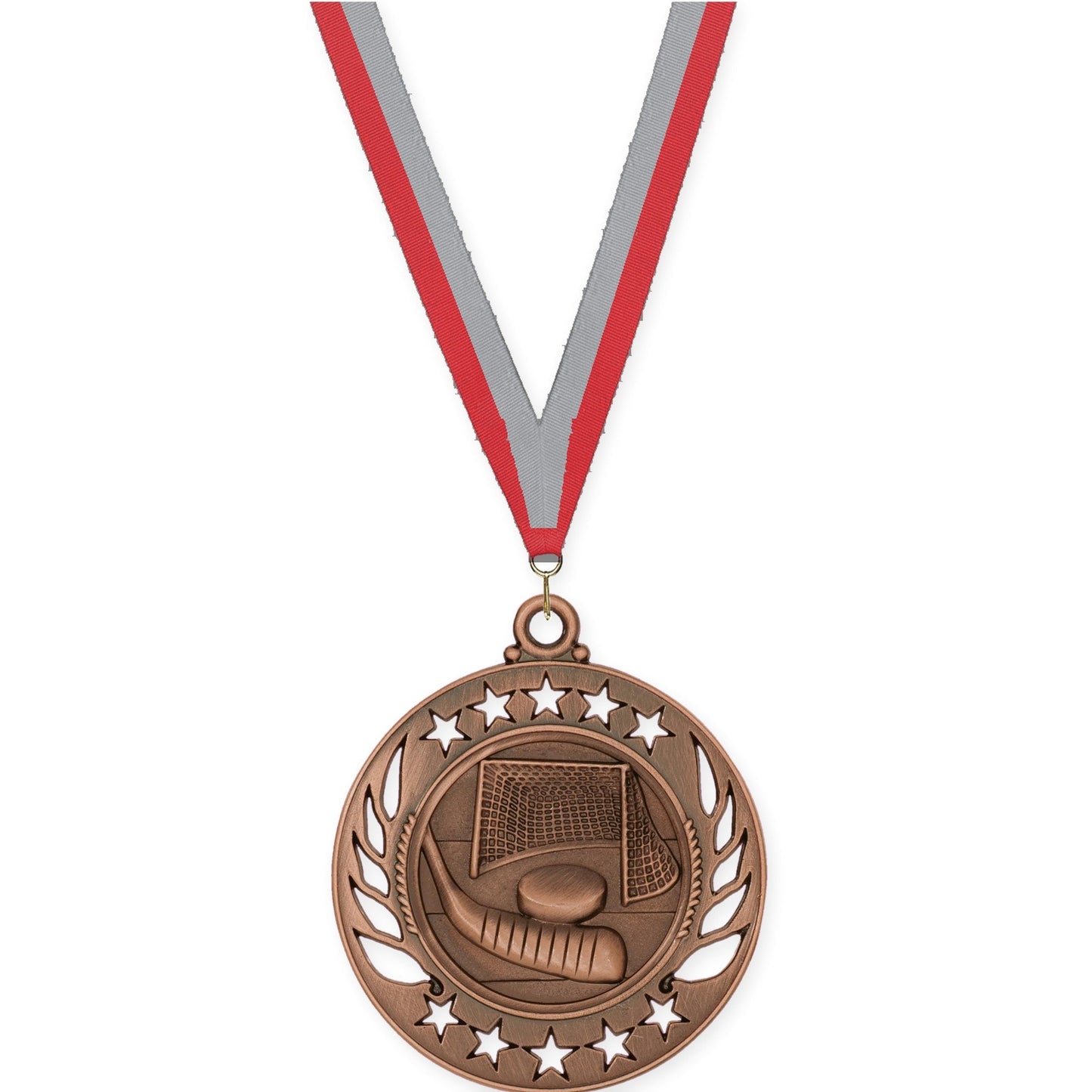 2 1/4 inch hockey Galaxy medal in antique bronze with Red Gray neck ribbon