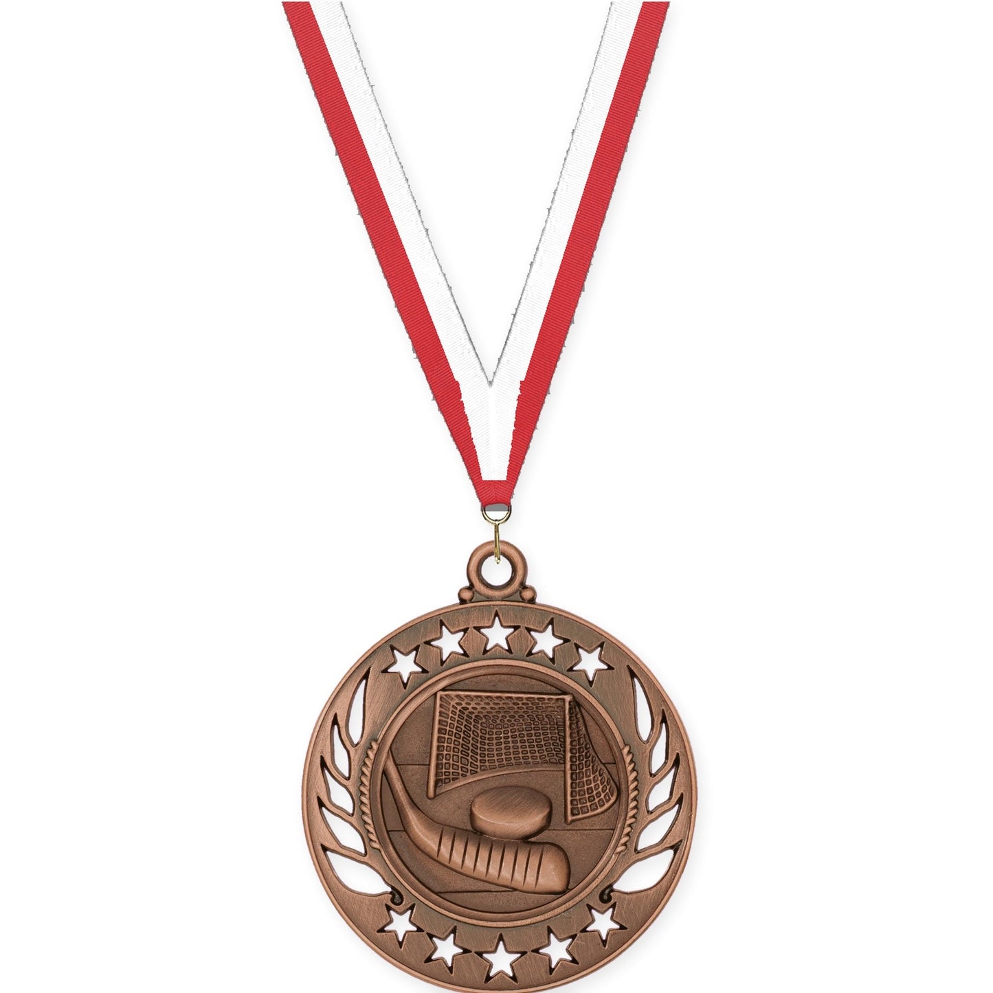 2 1/4 inch hockey Galaxy medal in antique bronze with Red White neck ribbon