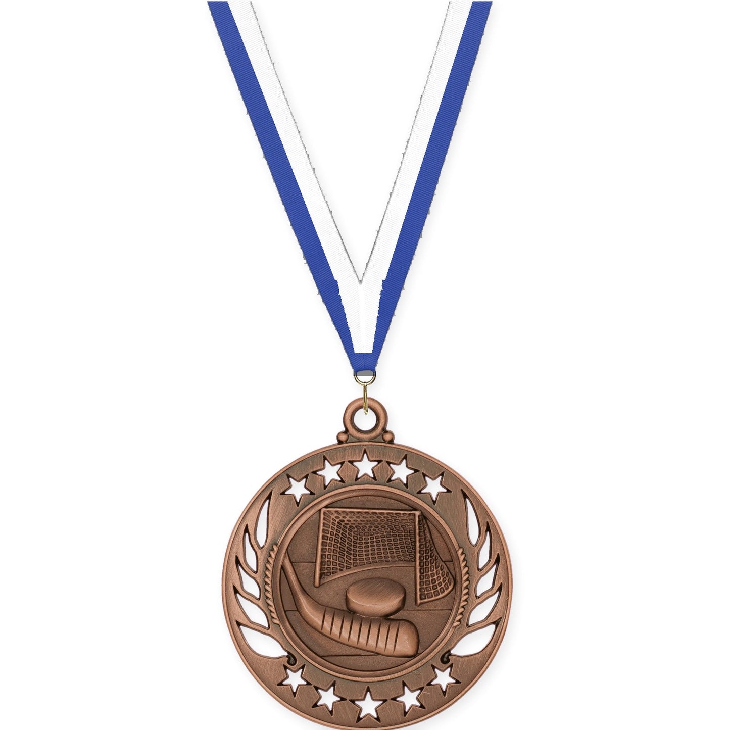 2 1/4 inch hockey Galaxy medal in antique bronze with Blue White neck ribbon