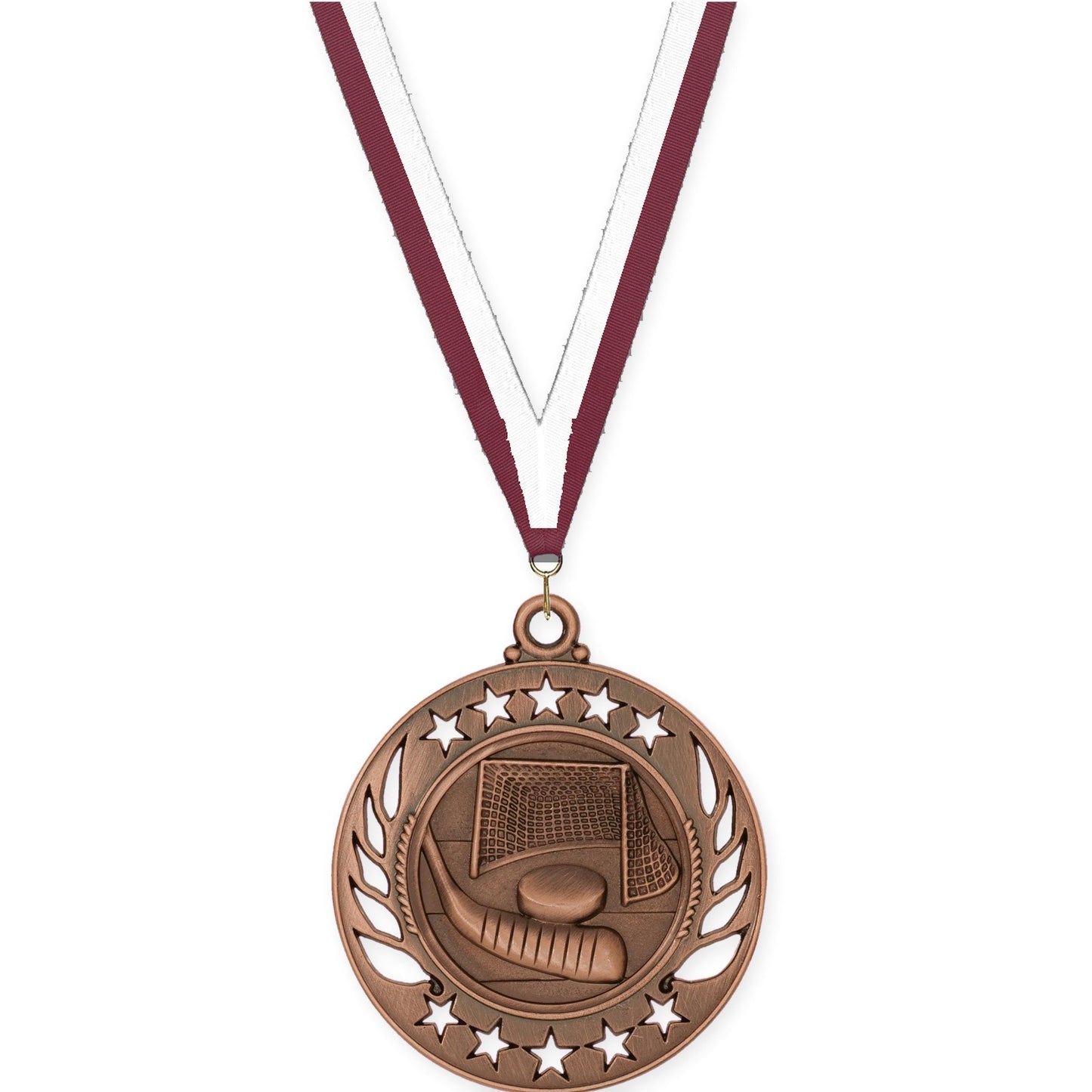 2 1/4 inch hockey Galaxy medal in antique bronze with Maroon White neck ribbon