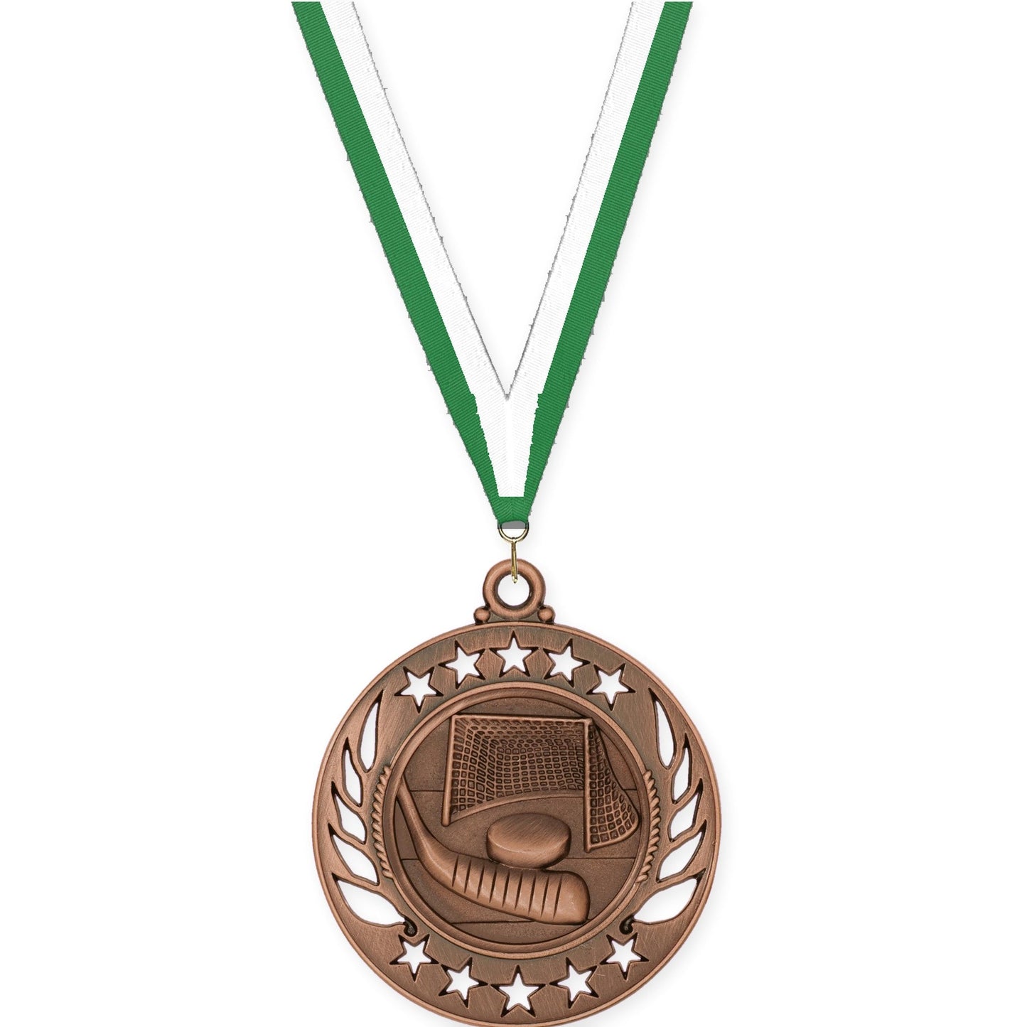 2 1/4 inch hockey Galaxy medal in antique bronze with Green White neck ribbon