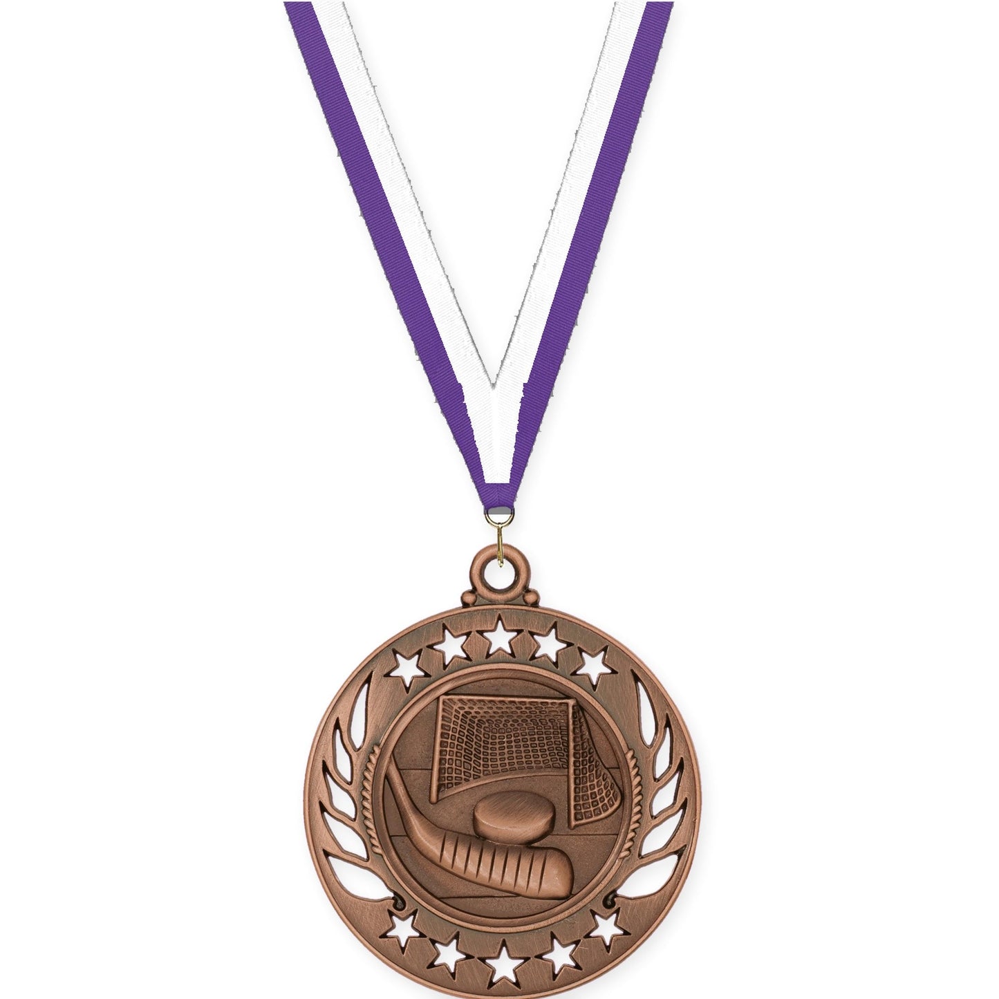 2 1/4 inch hockey Galaxy medal in antique bronze with Purple White neck ribbon