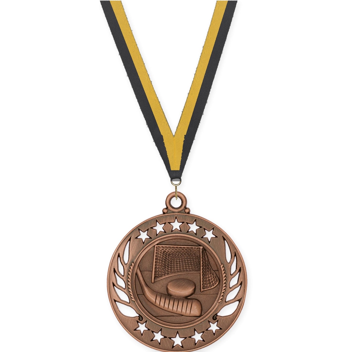 2 1/4 inch hockey Galaxy medal in antique bronze with Black Gold neck ribbon
