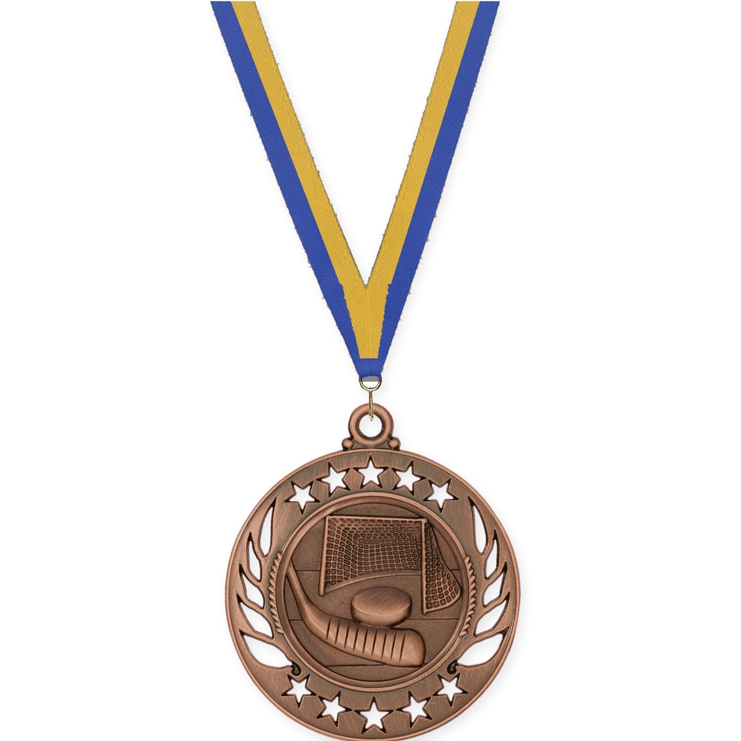 2 1/4 inch hockey Galaxy medal in antique bronze with Blue Gold neck ribbon