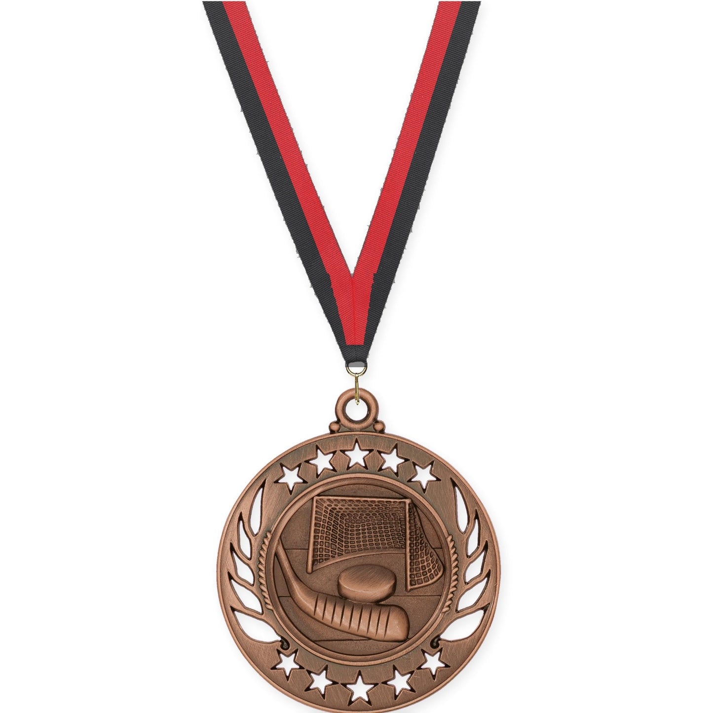 2 1/4 inch hockey Galaxy medal in antique bronze with Black Red neck ribbon