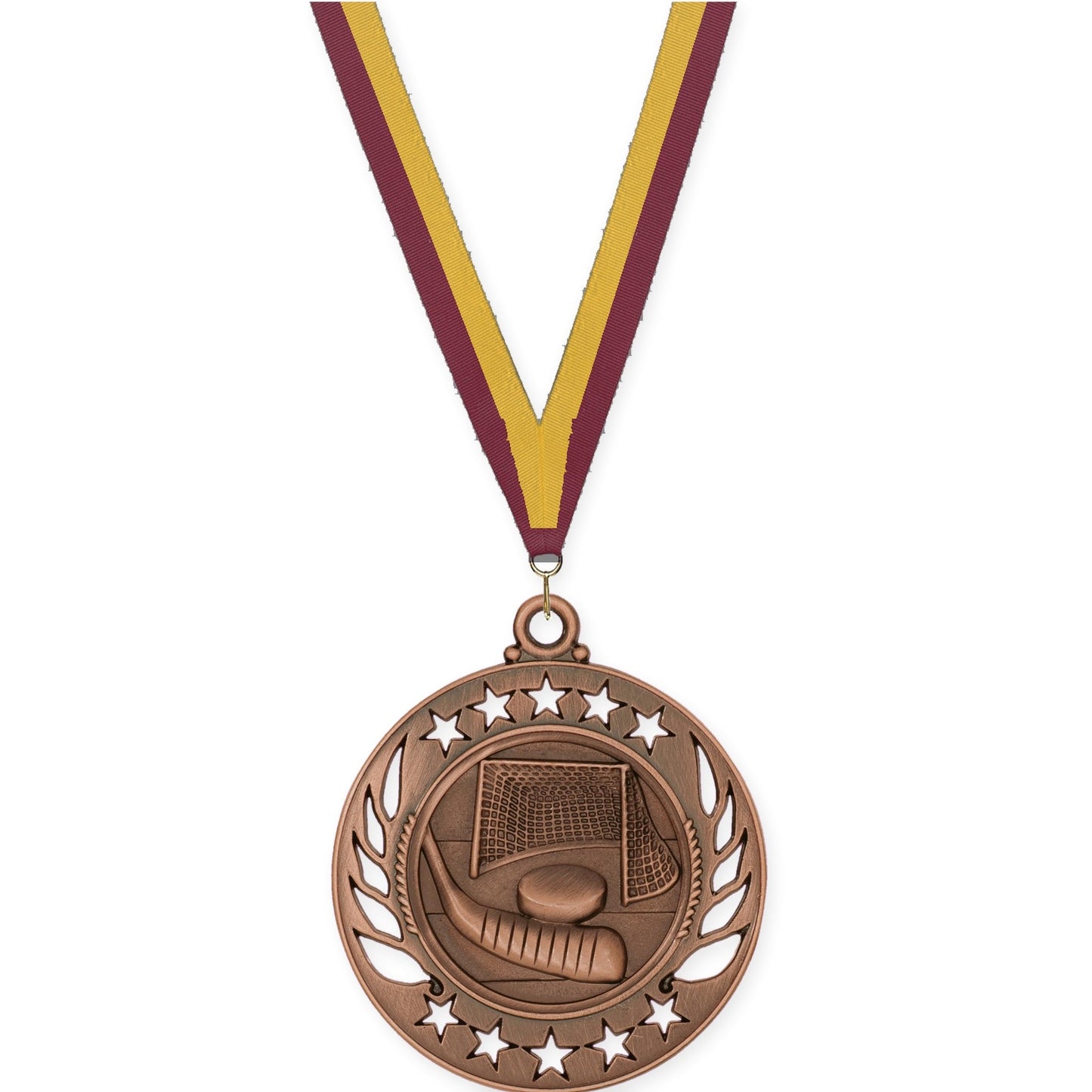 2 1/4 inch hockey Galaxy medal in antique bronze with Maroon Gold neck ribbon