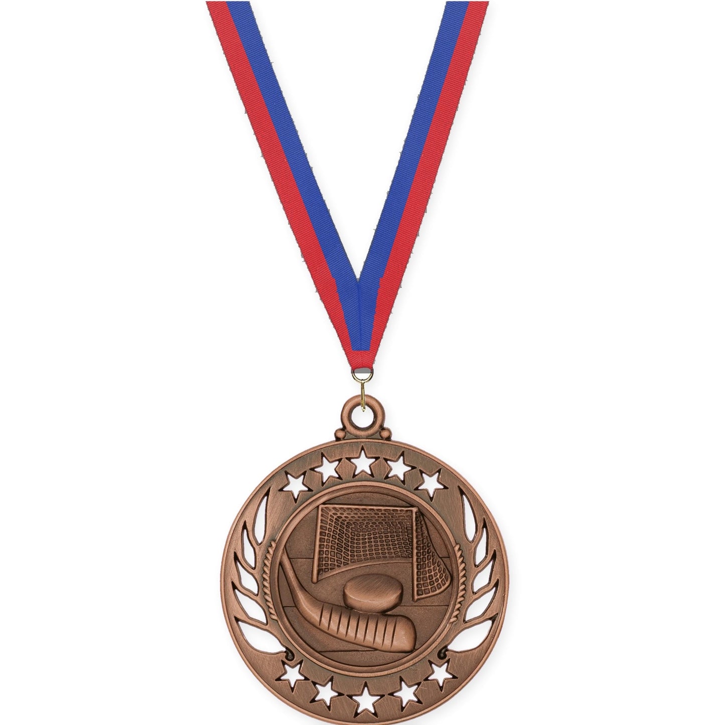 2 1/4 inch hockey Galaxy medal in antique bronze with Blue Red neck ribbon