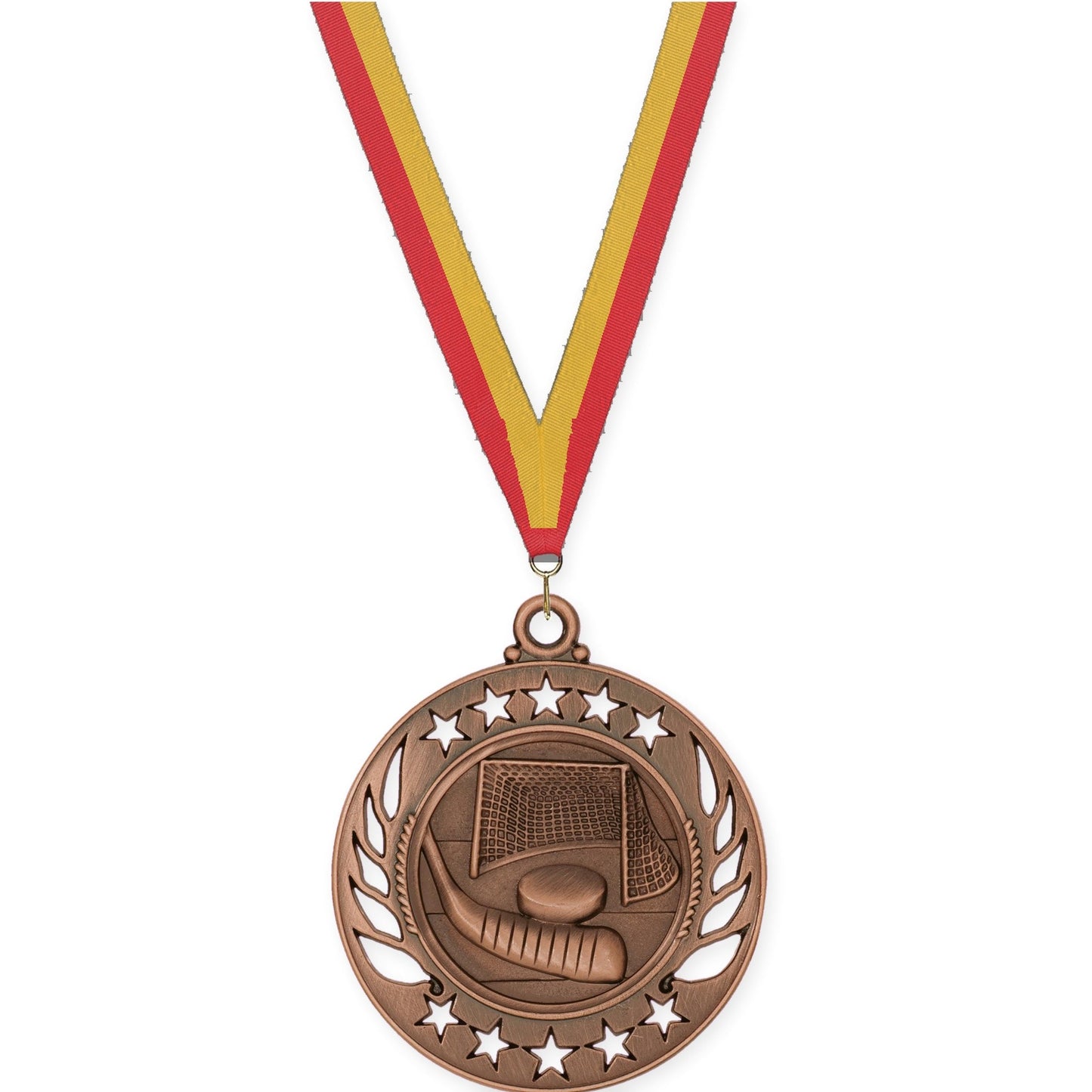 2 1/4 inch hockey Galaxy medal in antique bronze with Red Gold neck ribbon