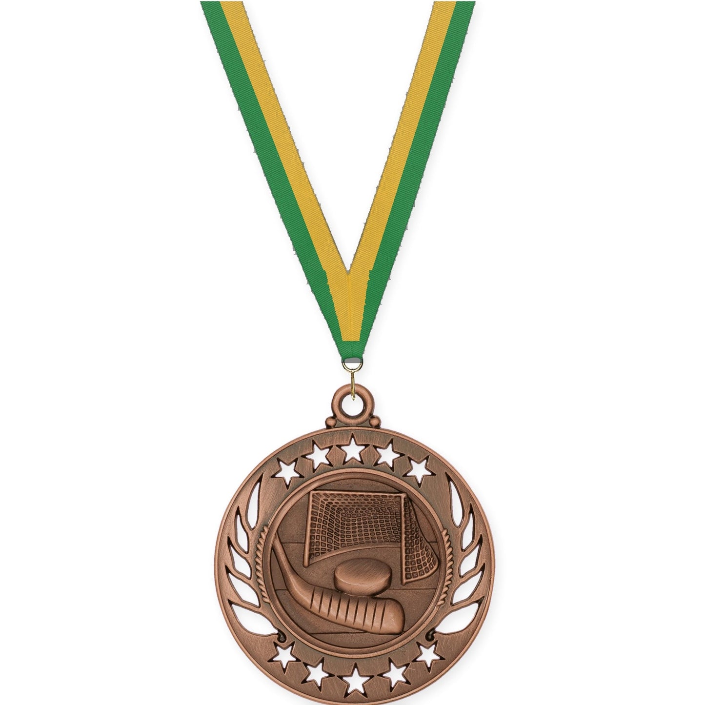 2 1/4 inch hockey Galaxy medal in antique bronze with Green Gold neck ribbon