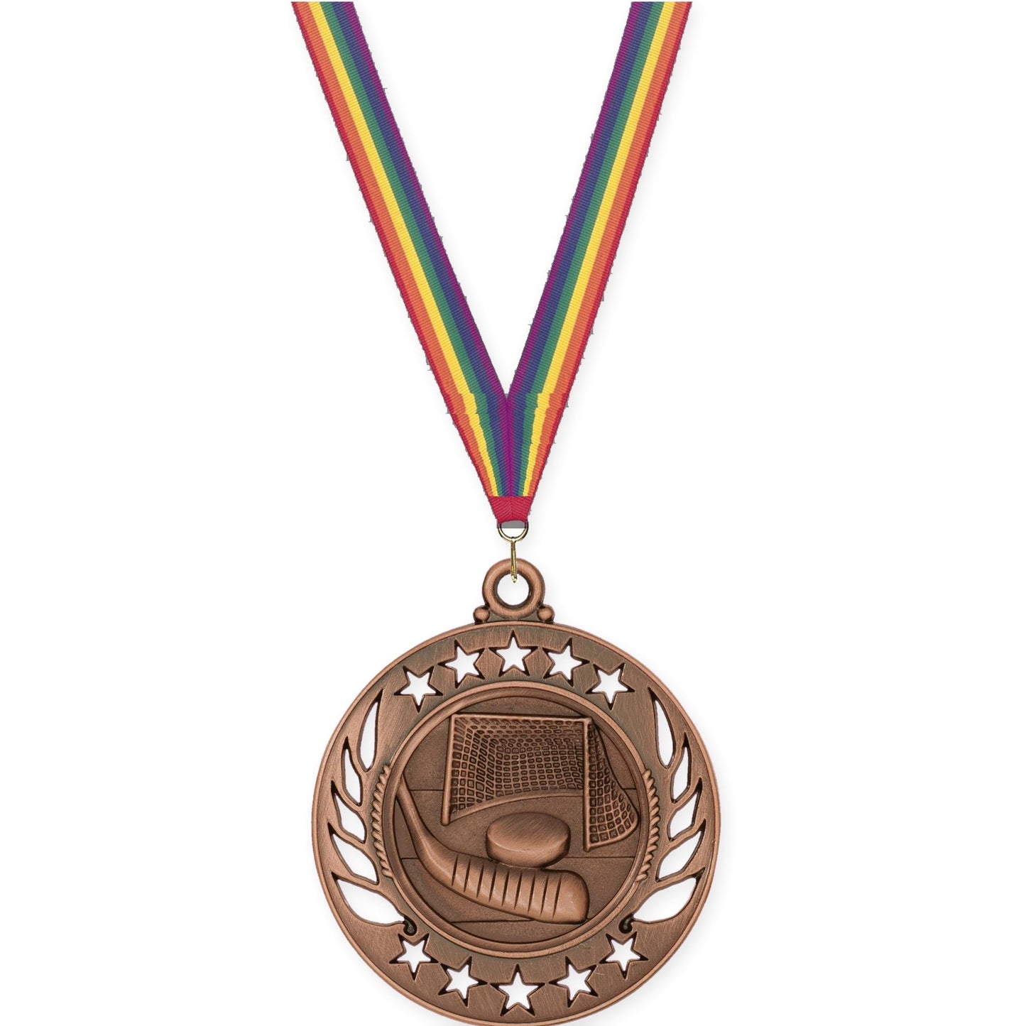 2 1/4 inch hockey Galaxy medal in antique bronze with Rainbow neck ribbon