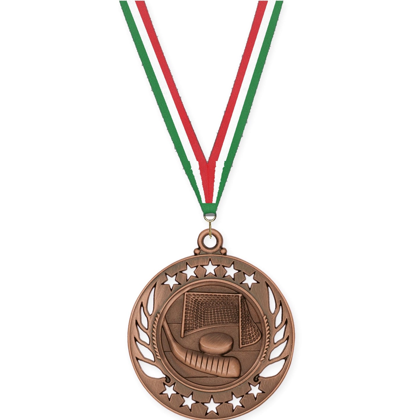 2 1/4 inch hockey Galaxy medal in antique bronze with Green White Red neck ribbon