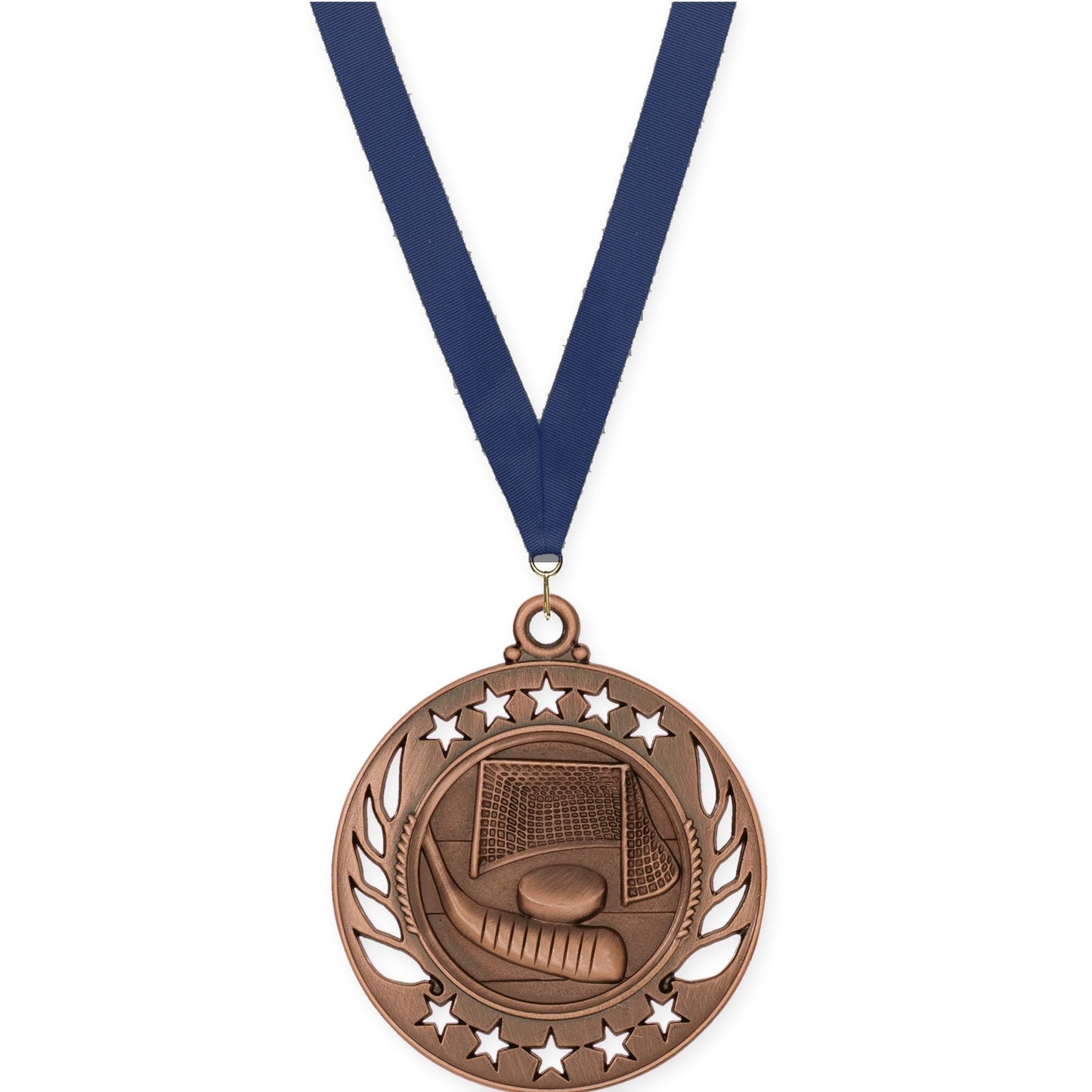 2 1/4 inch hockey Galaxy medal in antique bronze with Navy neck ribbon