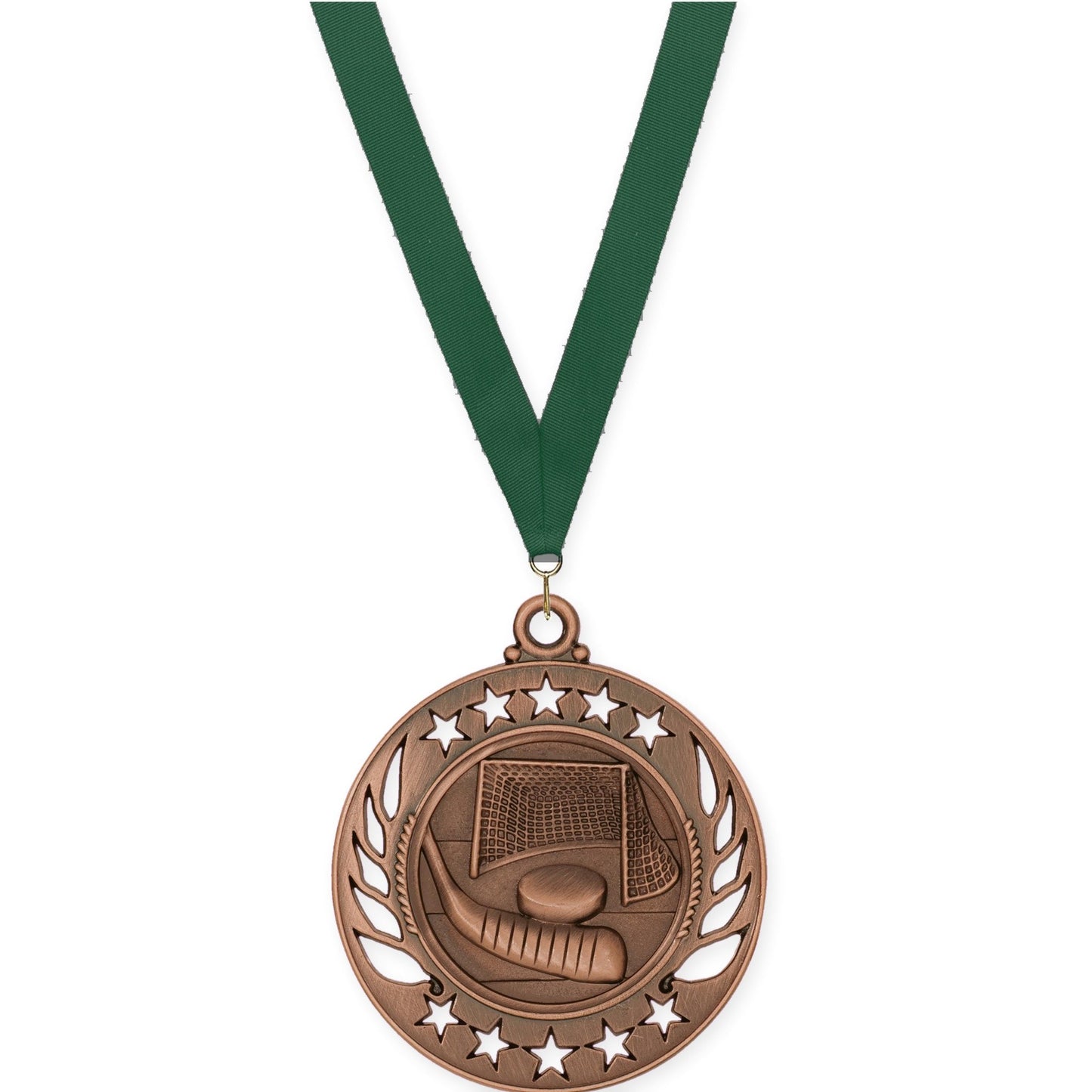2 1/4 inch hockey Galaxy medal in antique bronze with Hunter Green neck ribbon