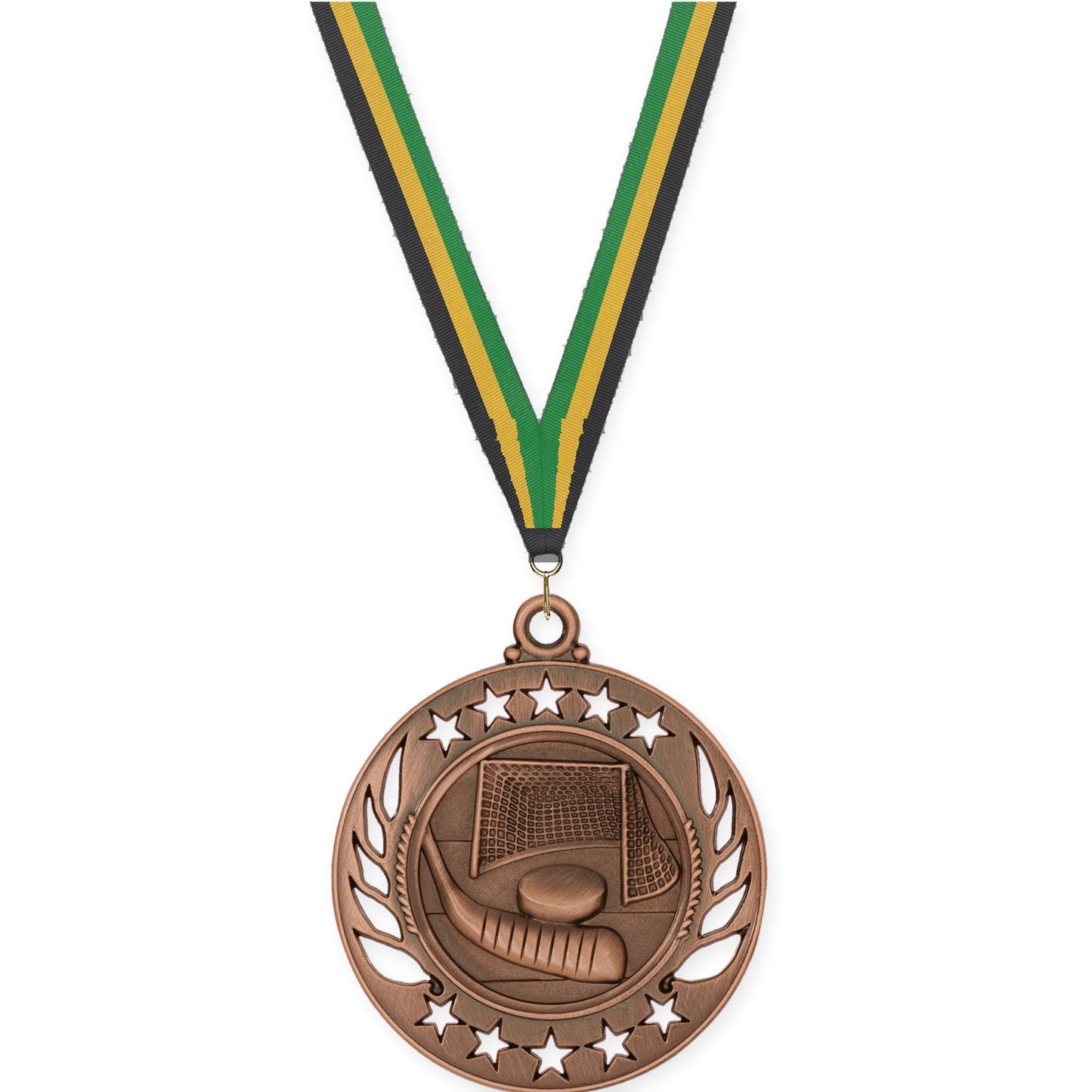 2 1/4 inch hockey Galaxy medal in antique bronze with Black Gold Green neck ribbon