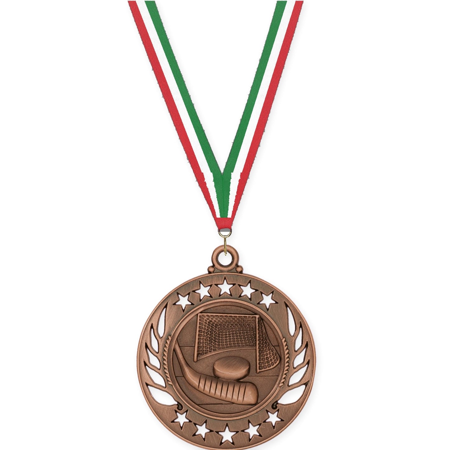 2 1/4 inch hockey Galaxy medal in antique bronze with Red White Green neck ribbon