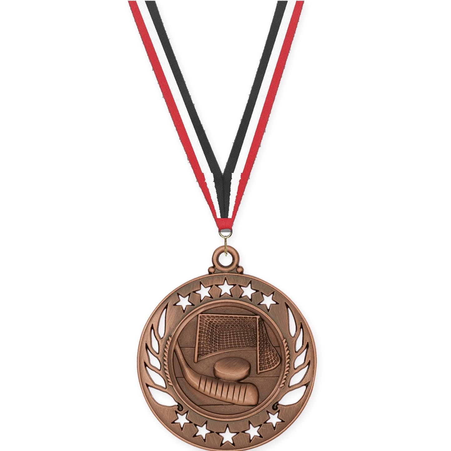 2 1/4 inch hockey Galaxy medal in antique bronze with Red White Black neck ribbon