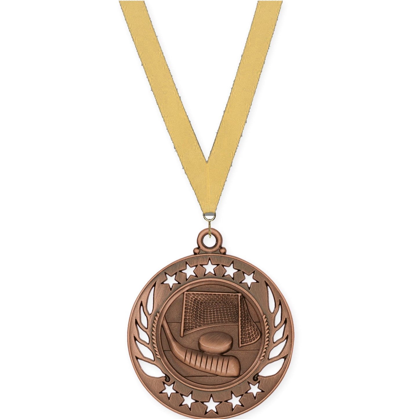 2 1/4 inch hockey Galaxy medal in antique bronze with Gold Metallic neck ribbon