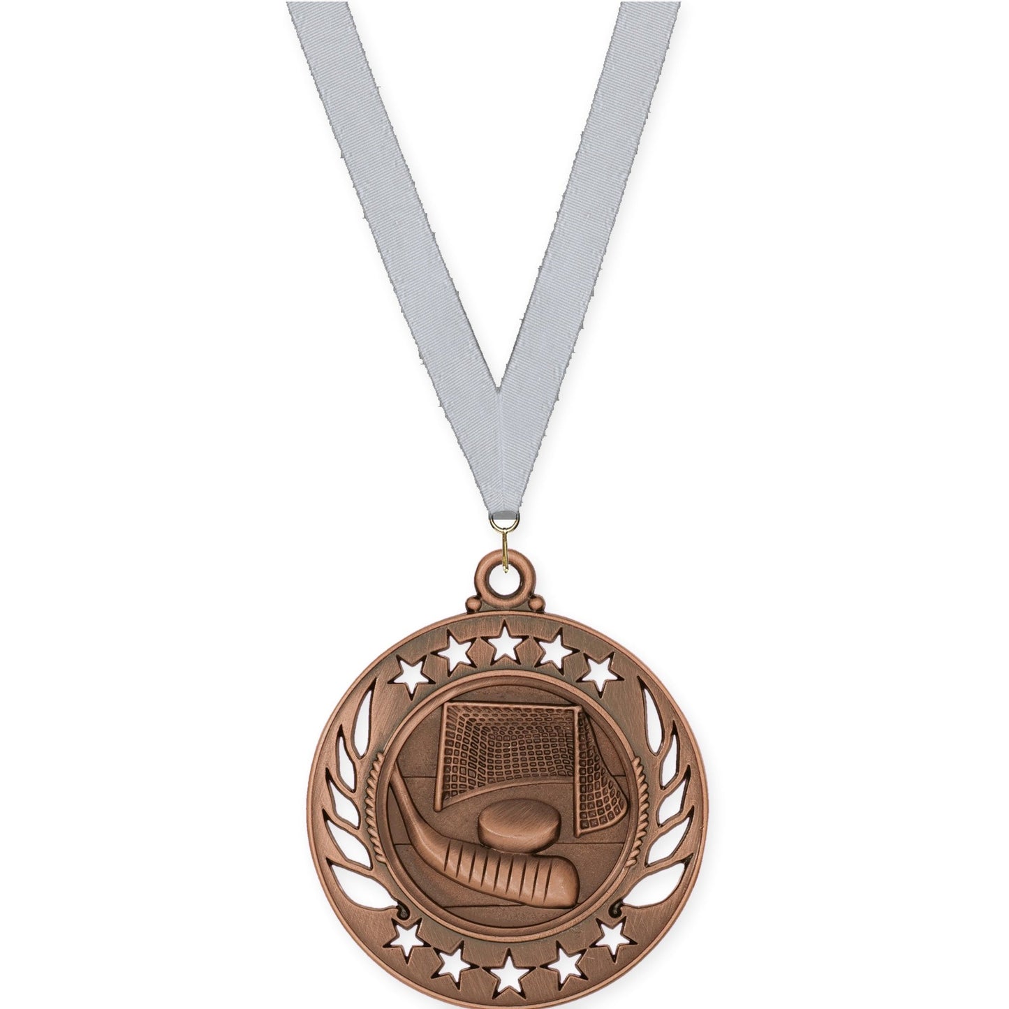 2 1/4 inch hockey Galaxy medal in antique bronze with Silver Metallic neck ribbon