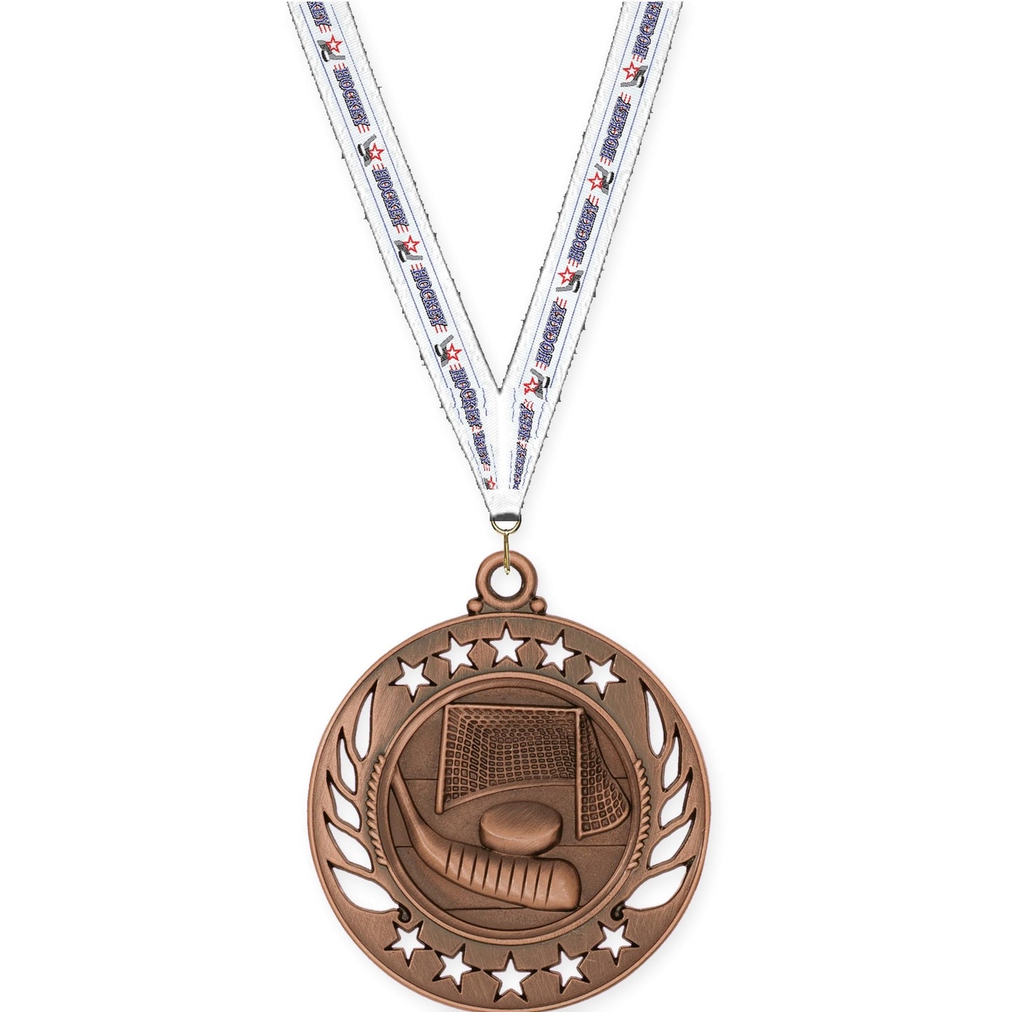 2 1/4 inch hockey Galaxy medal in antique bronze with Hockey neck ribbon