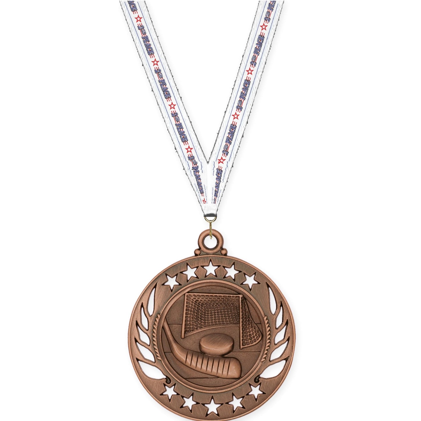 2 1/4 inch hockey Galaxy medal in antique bronze with 2nd Place neck ribbon