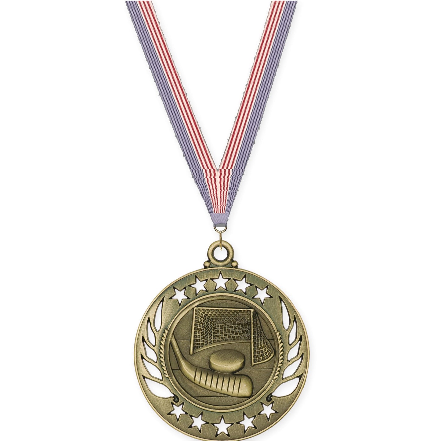 2 1/4 inch hockey Galaxy medal in antique gold with USA Flag neck ribbon