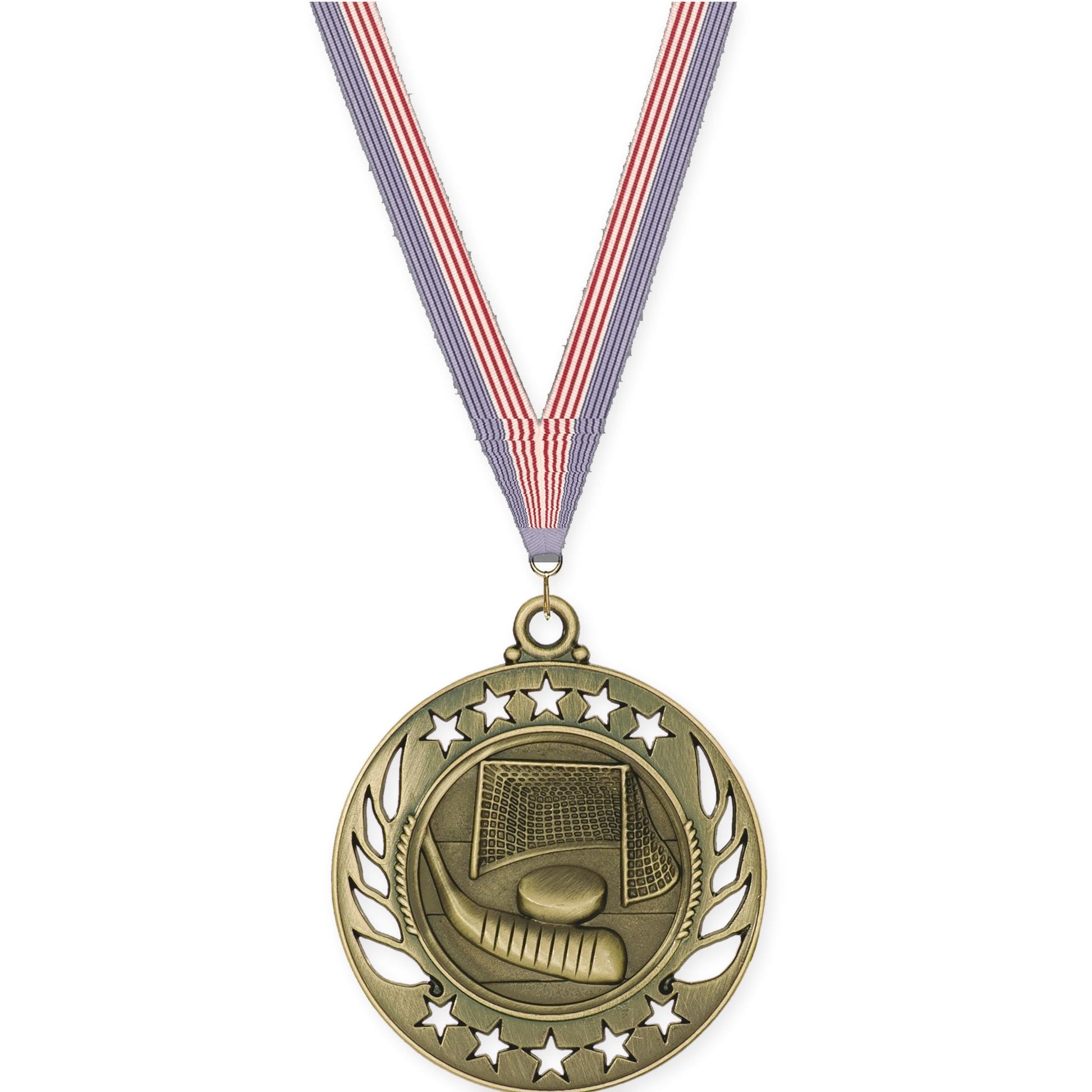 2 1/4 inch hockey Galaxy medal in antique gold with USA Flag neck ribbon
