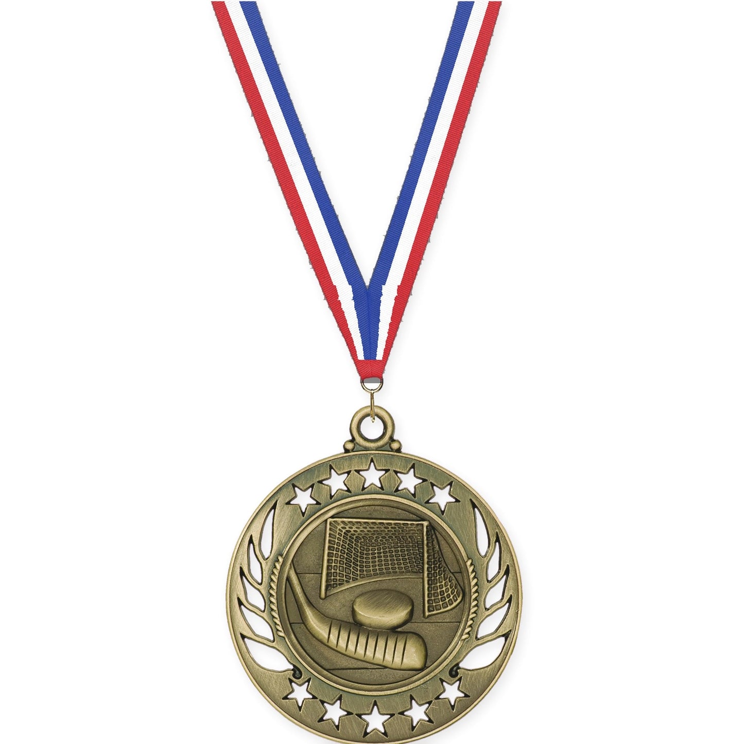 2 1/4 inch hockey Galaxy medal in antique gold with Red White Blue neck ribbon