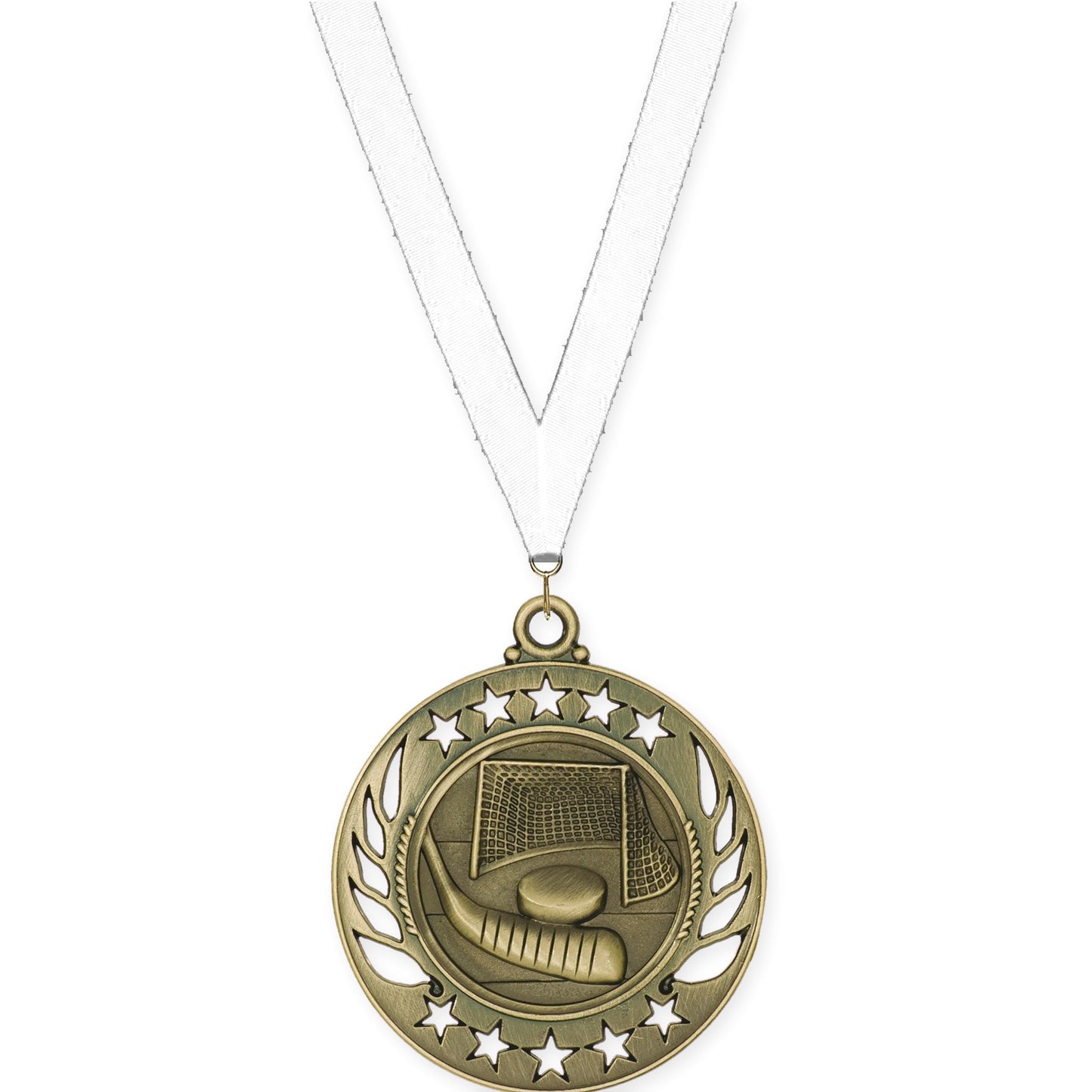 2 1/4 inch hockey Galaxy medal in antique gold with White neck ribbon
