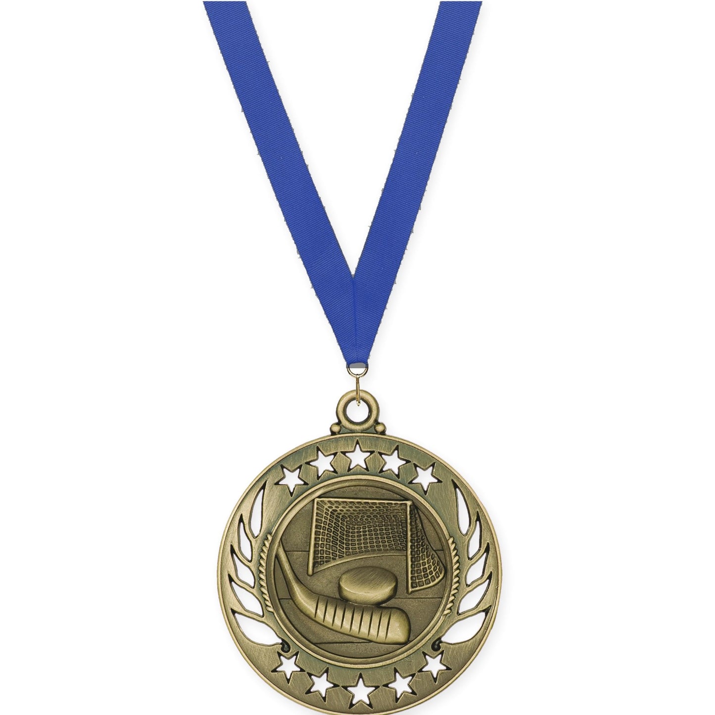 2 1/4 inch hockey Galaxy medal in antique gold with Blue neck ribbon