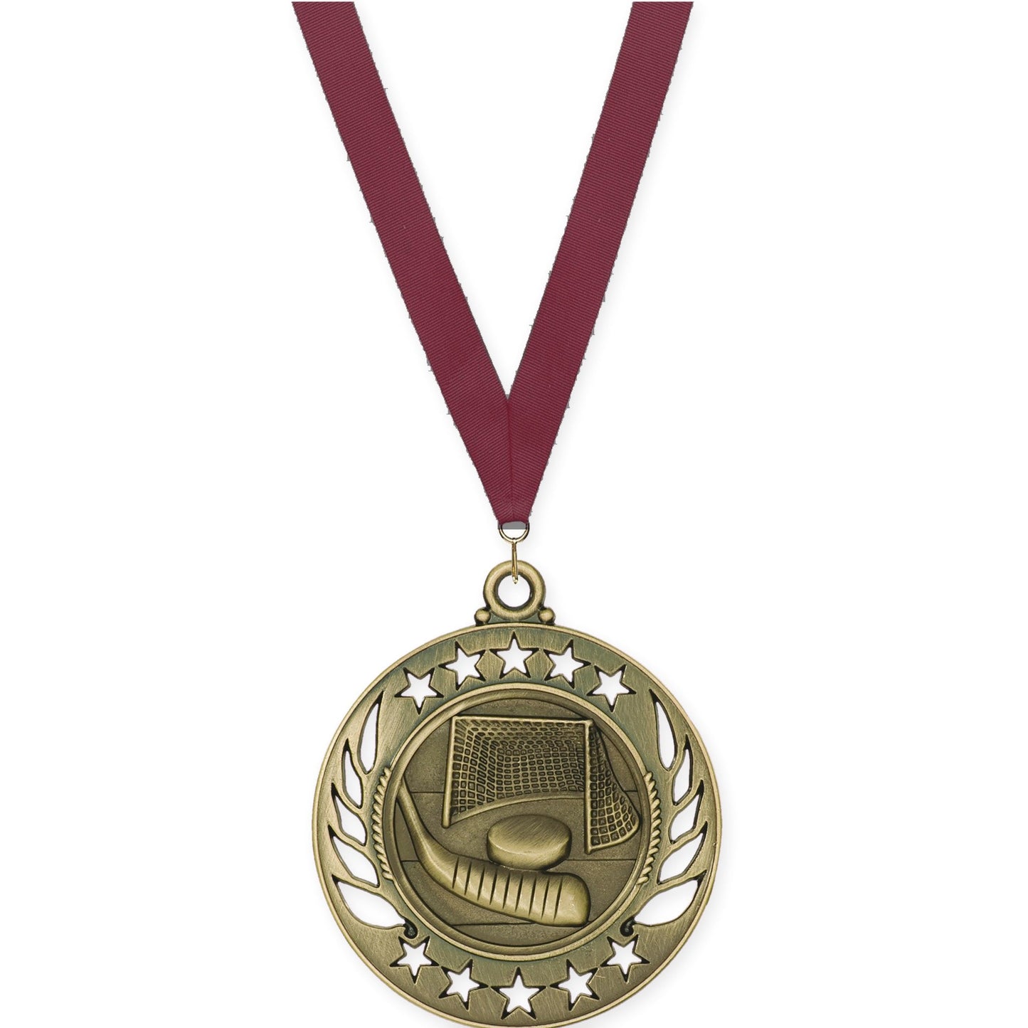 2 1/4 inch hockey Galaxy medal in antique gold with Maroon neck ribbon
