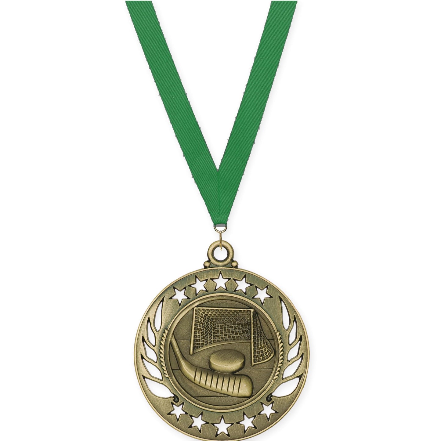 2 1/4 inch hockey Galaxy medal in antique gold with Green neck ribbon