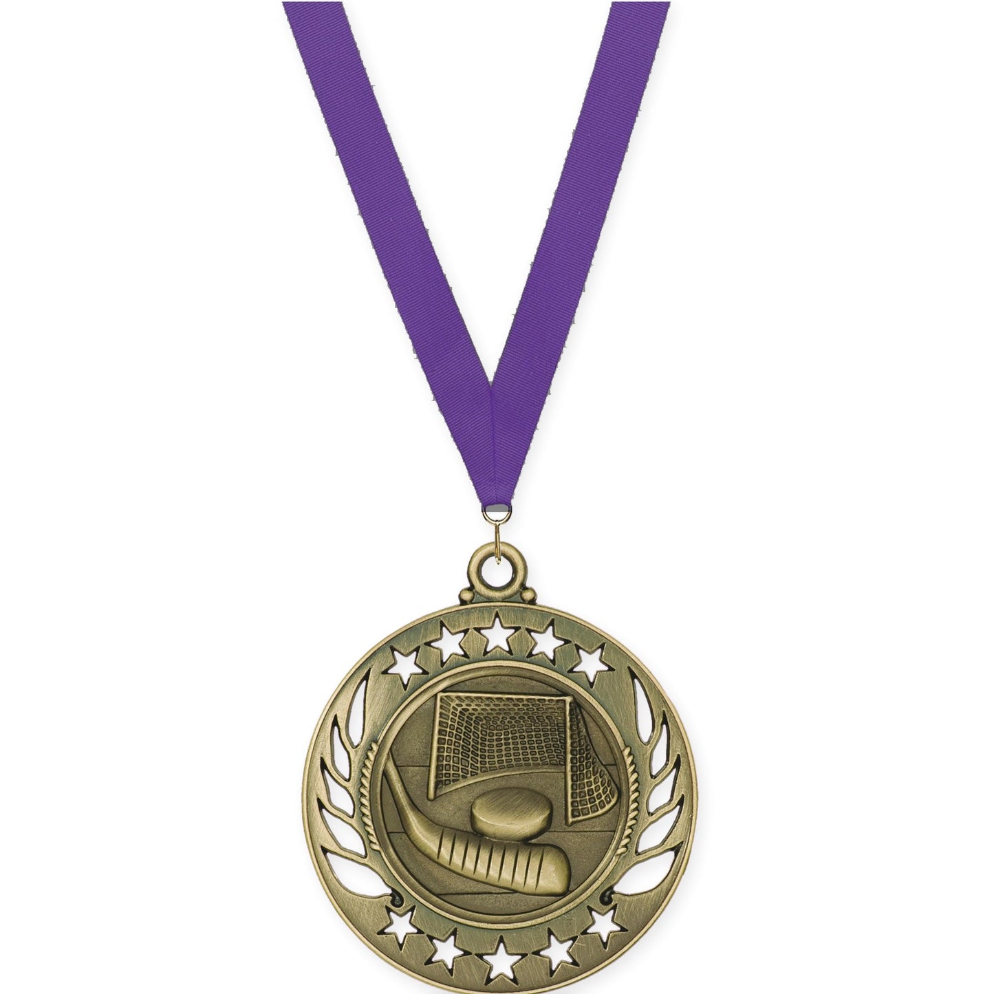 2 1/4 inch hockey Galaxy medal in antique gold with Purple neck ribbon