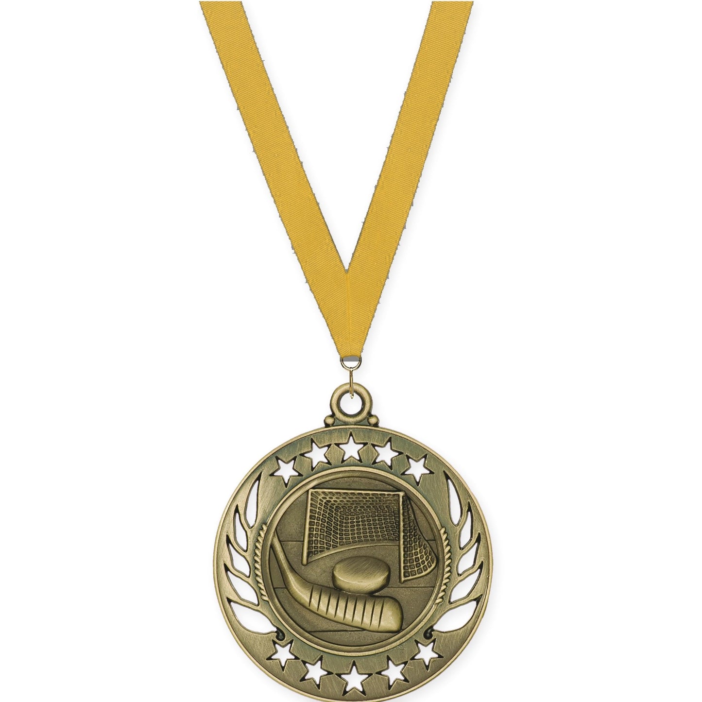 2 1/4 inch hockey Galaxy medal in antique gold with Gold neck ribbon