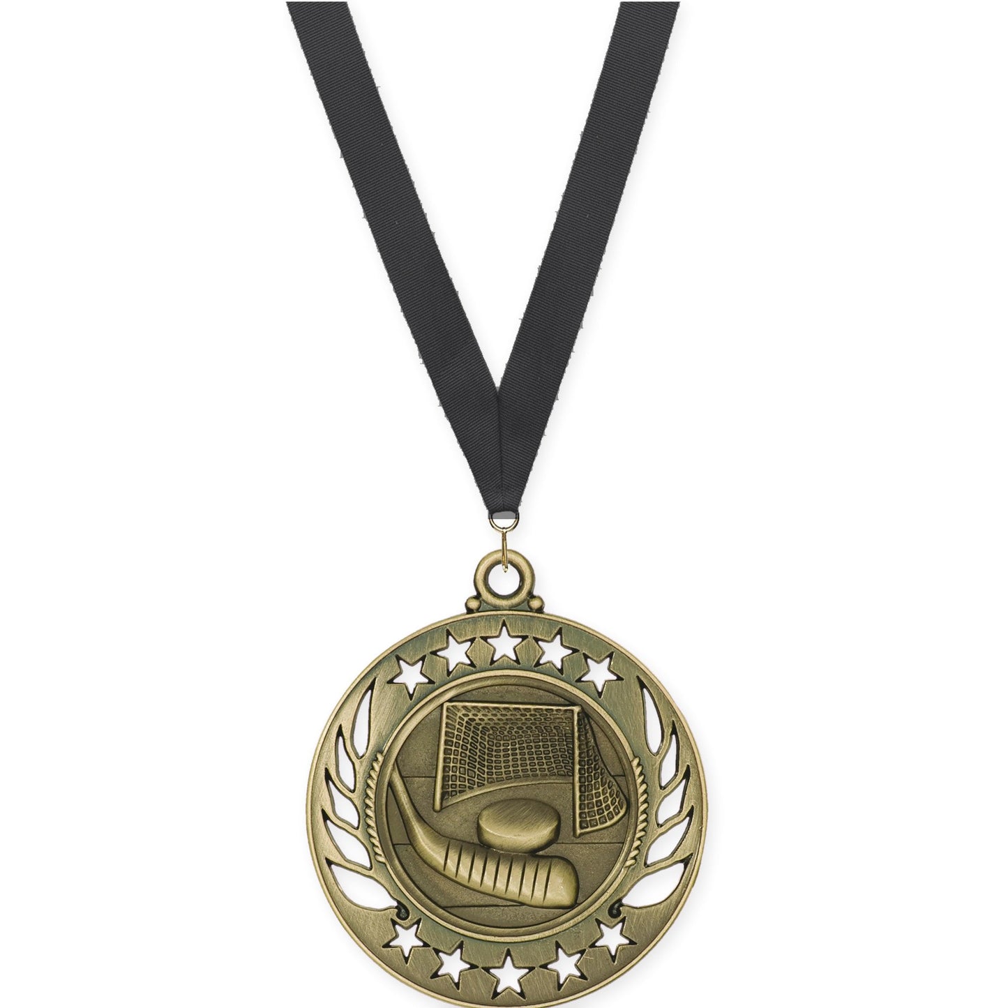 2 1/4 inch hockey Galaxy medal in antique gold with Black neck ribbon