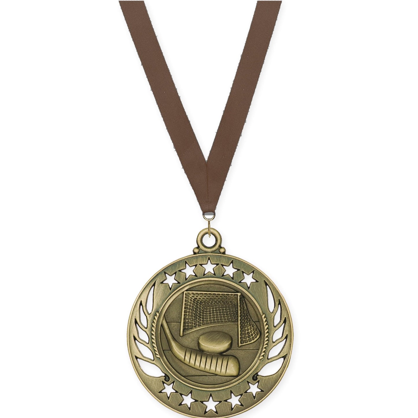 2 1/4 inch hockey Galaxy medal in antique gold with Brown neck ribbon