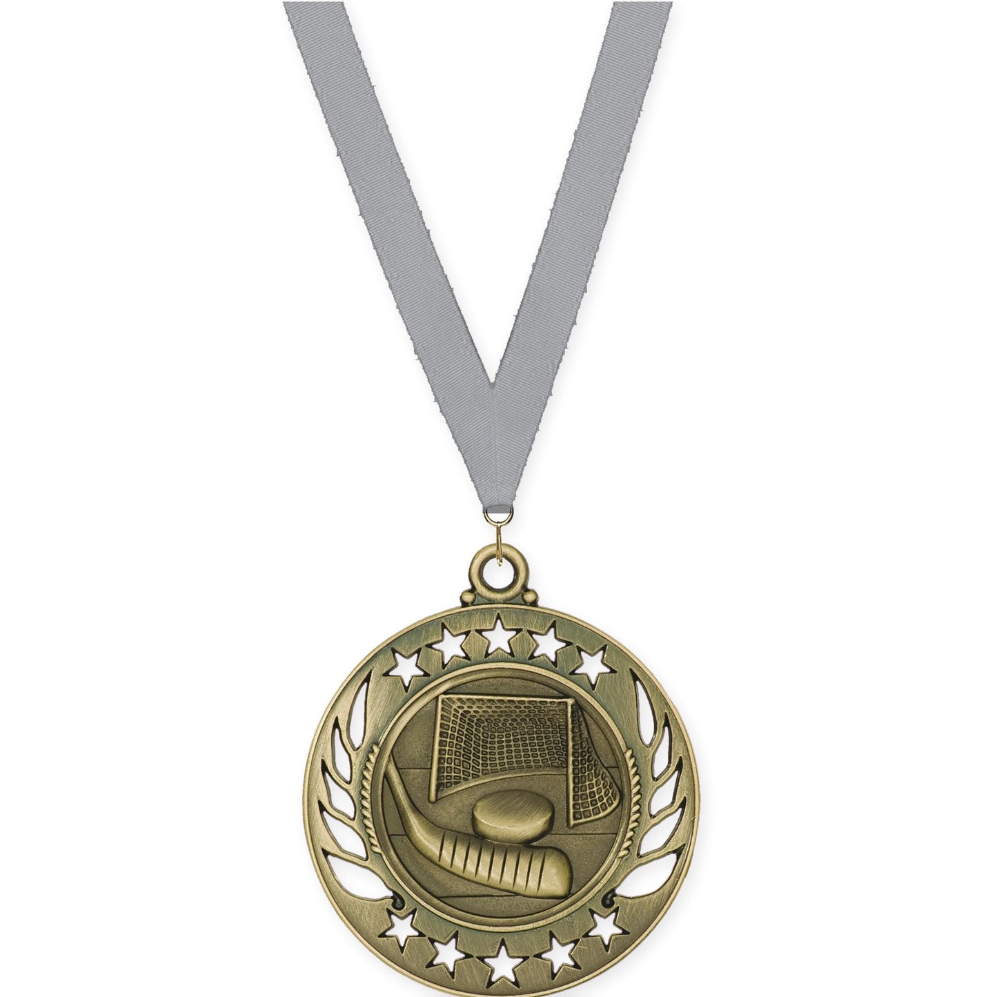 2 1/4 inch hockey Galaxy medal in antique gold with Gray neck ribbon