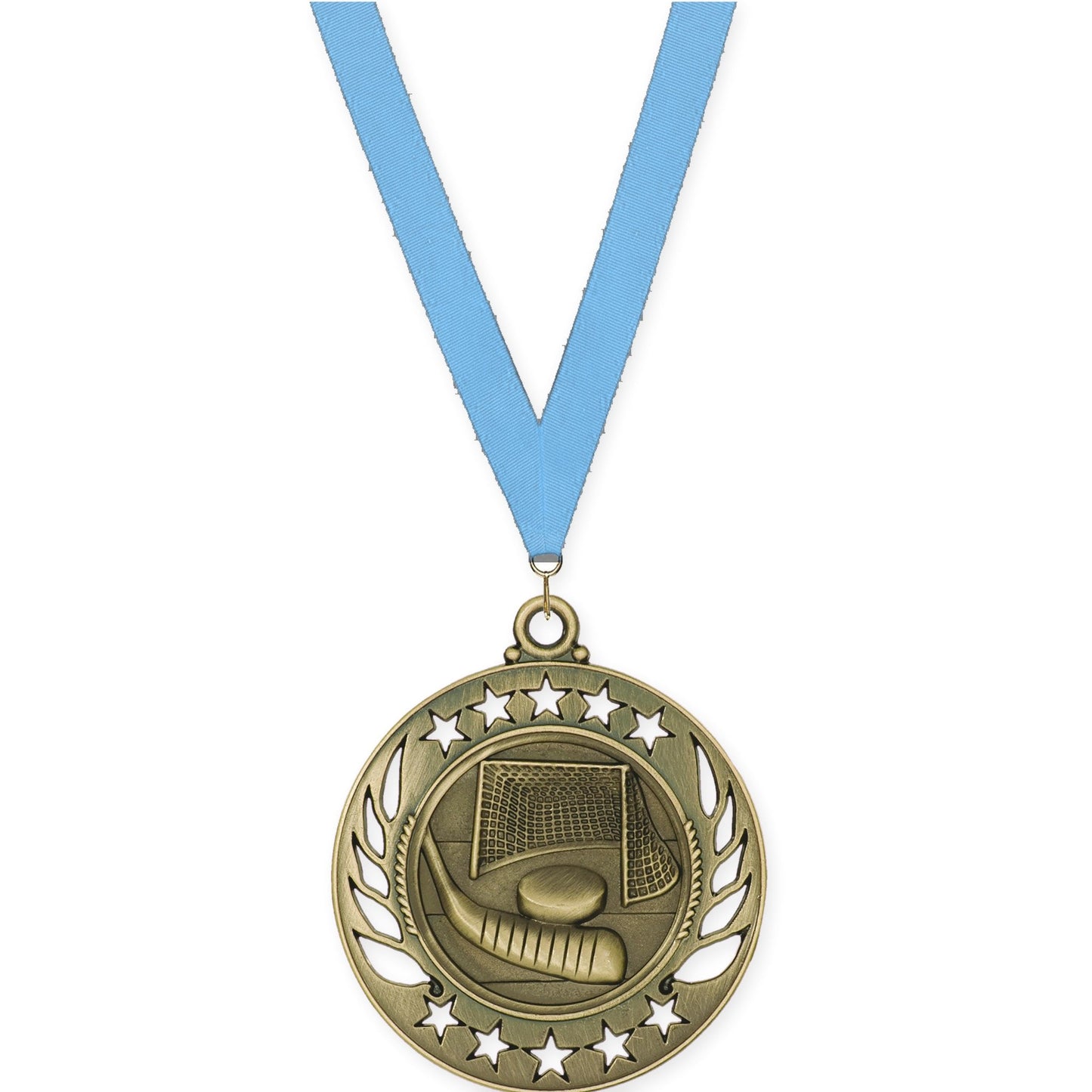 2 1/4 inch hockey Galaxy medal in antique gold with Light Blue neck ribbon