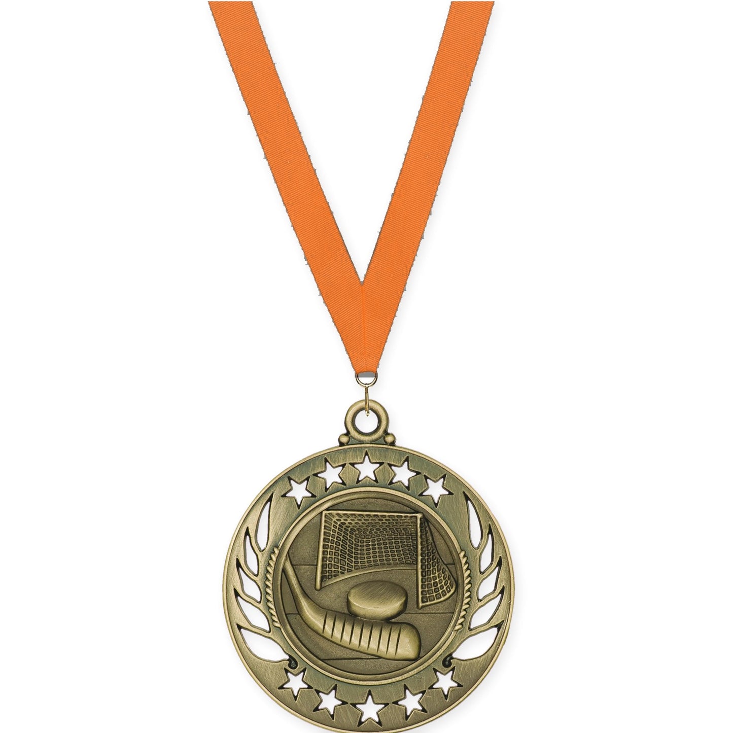 2 1/4 inch hockey Galaxy medal in antique gold with Orange neck ribbon