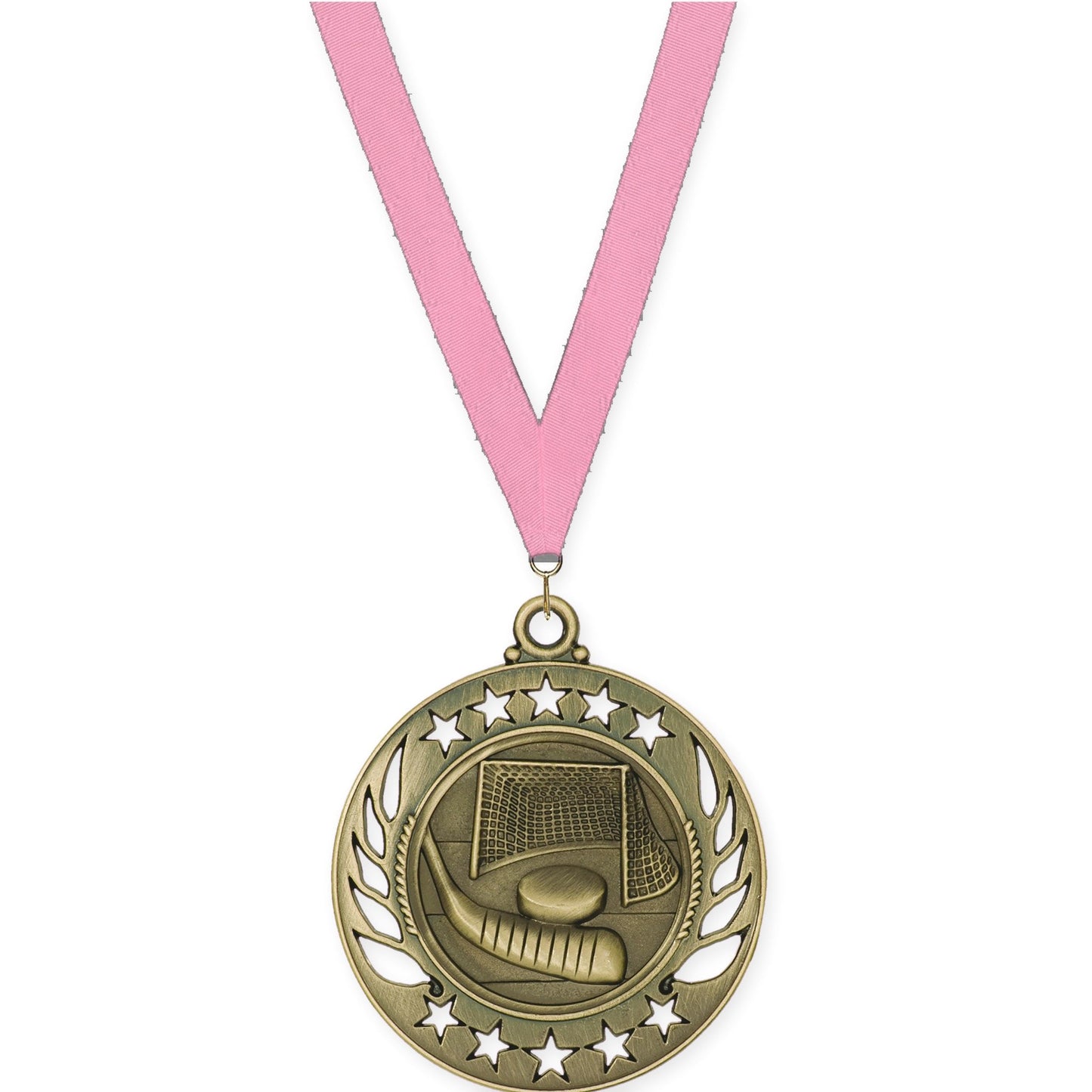 2 1/4 inch hockey Galaxy medal in antique gold with Pink neck ribbon