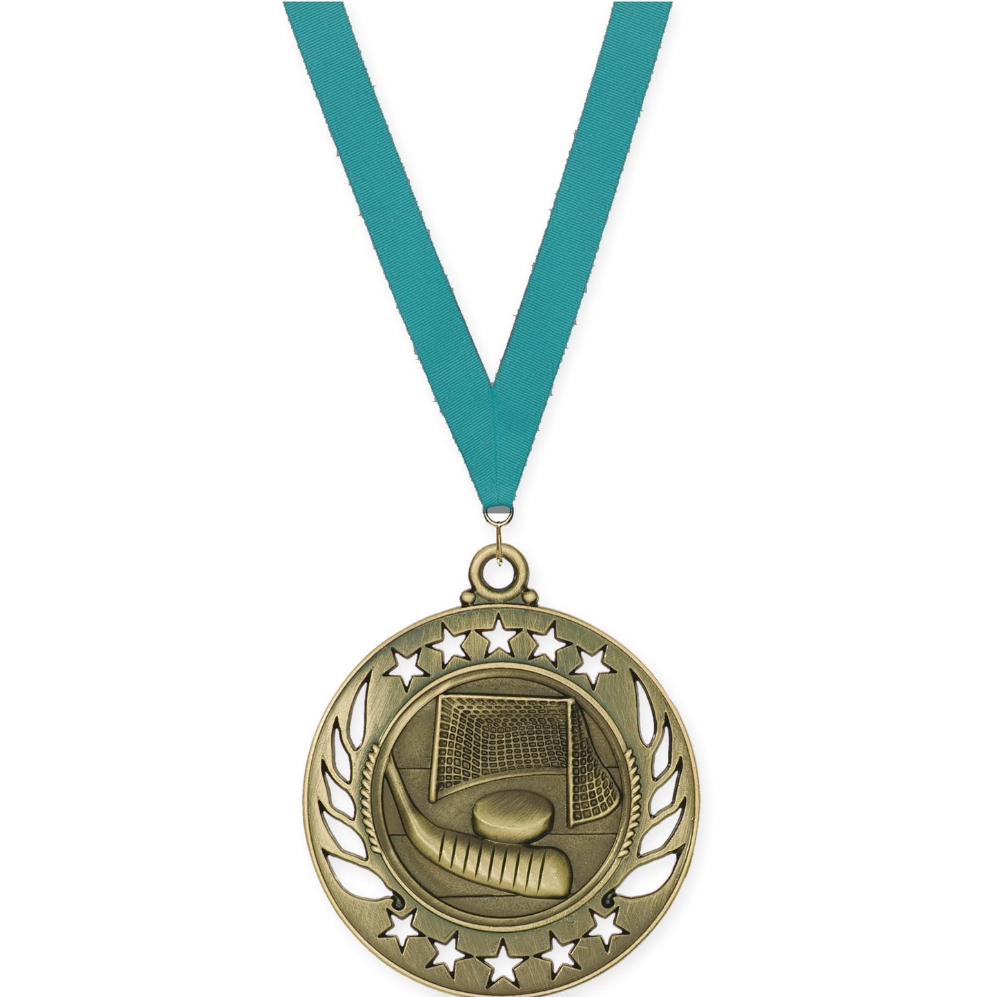 2 1/4 inch hockey Galaxy medal in antique gold with Teal neck ribbon