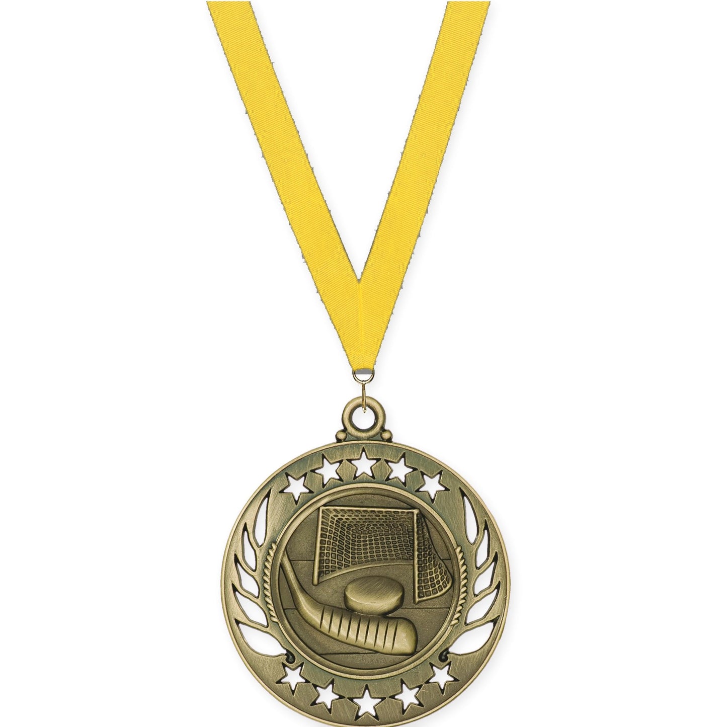2 1/4 inch hockey Galaxy medal in antique gold with Yellow neck ribbon