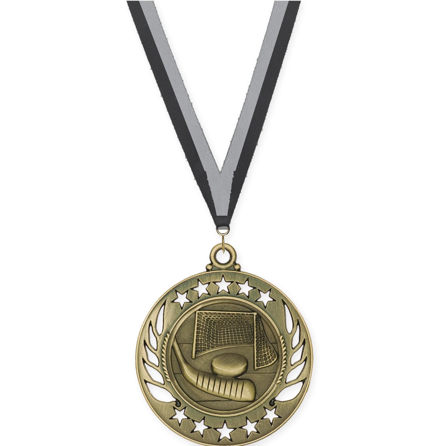 2 1/4 inch hockey Galaxy medal in antique gold with Black Gray neck ribbon