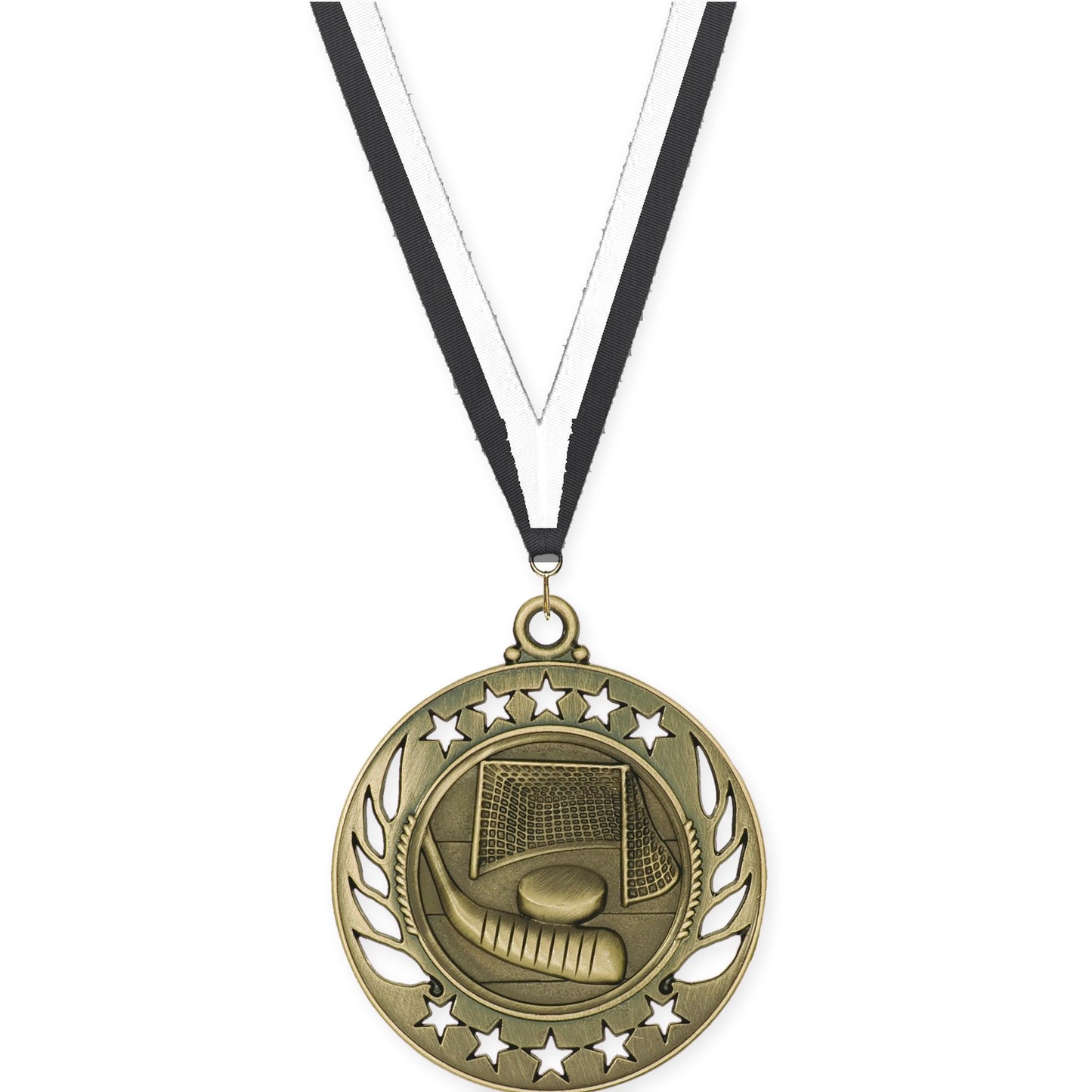 2 1/4 inch hockey Galaxy medal in antique gold with Black White neck ribbon