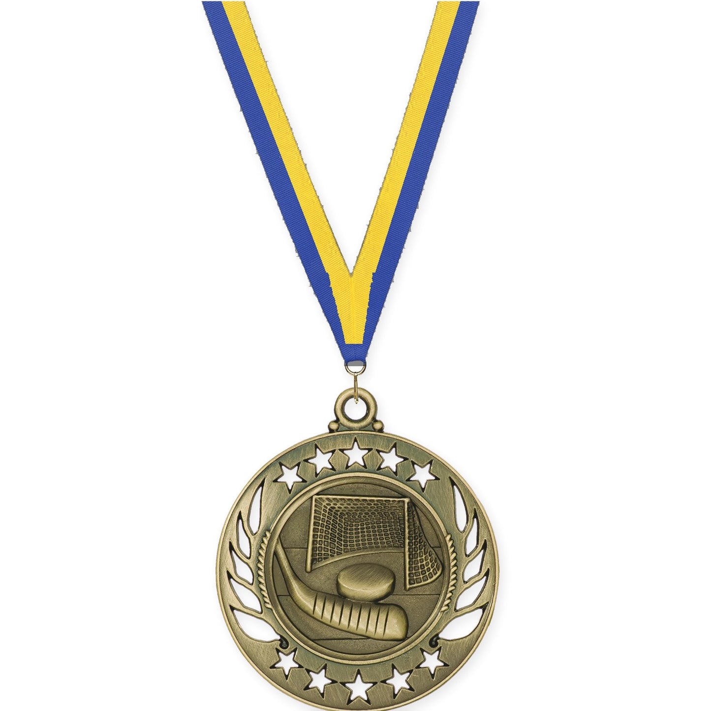 2 1/4 inch hockey Galaxy medal in antique gold with Blue Yellow neck ribbon