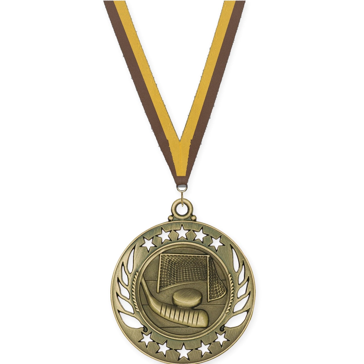 2 1/4 inch hockey Galaxy medal in antique gold with Brown Gold neck ribbon